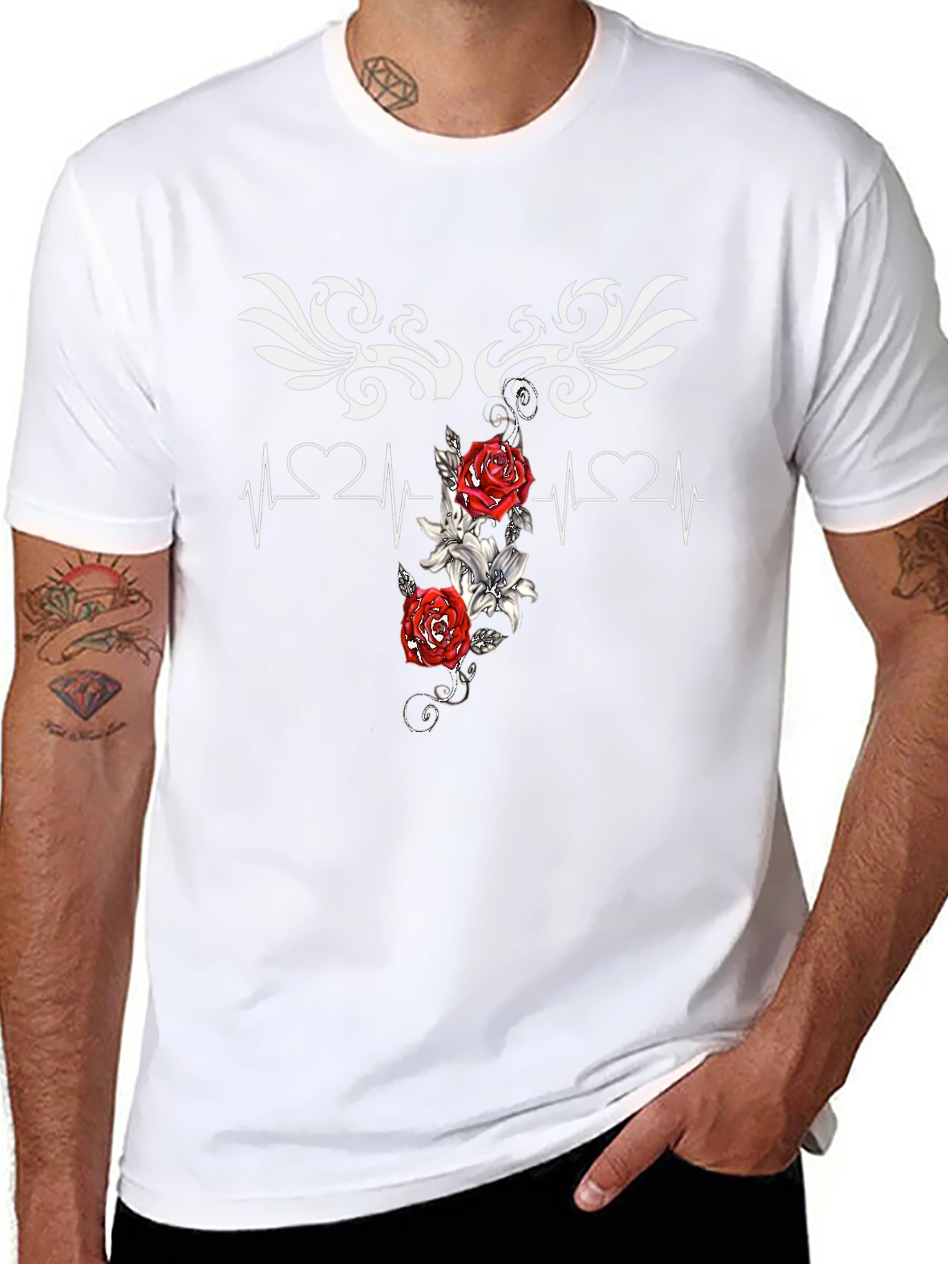 Heartbeat Rose Tattoo Graphic Black T-Shirt