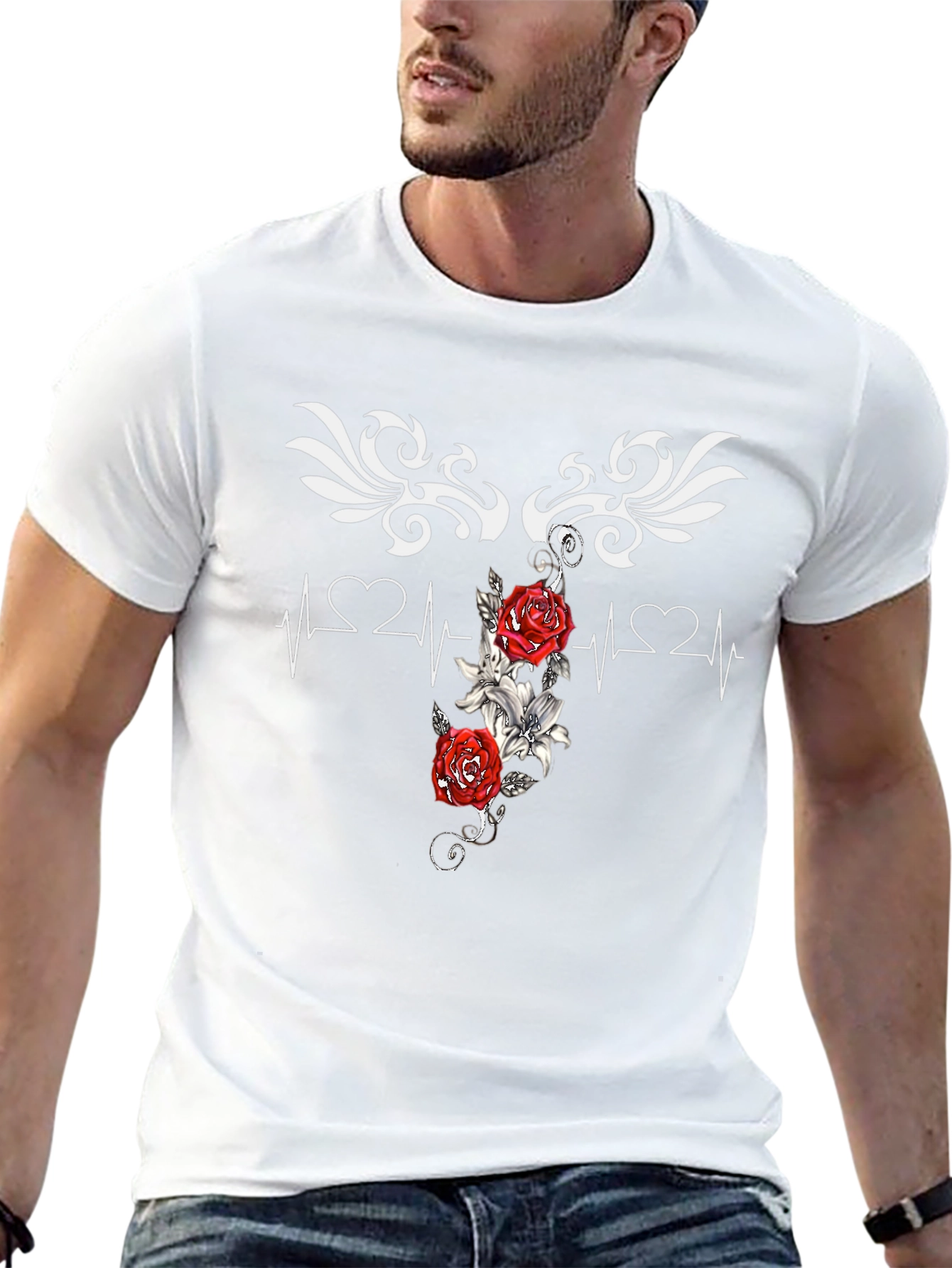Heartbeat Rose Tattoo Graphic Black T-Shirt
