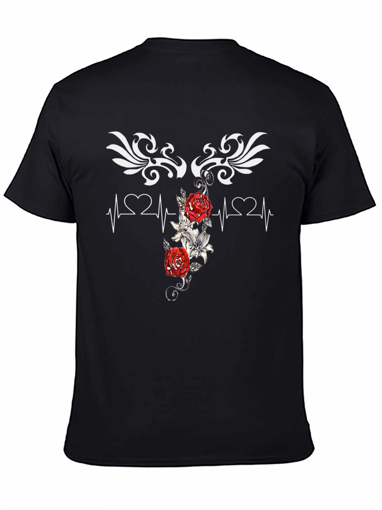 Heartbeat Rose Tattoo Graphic Black T-Shirt