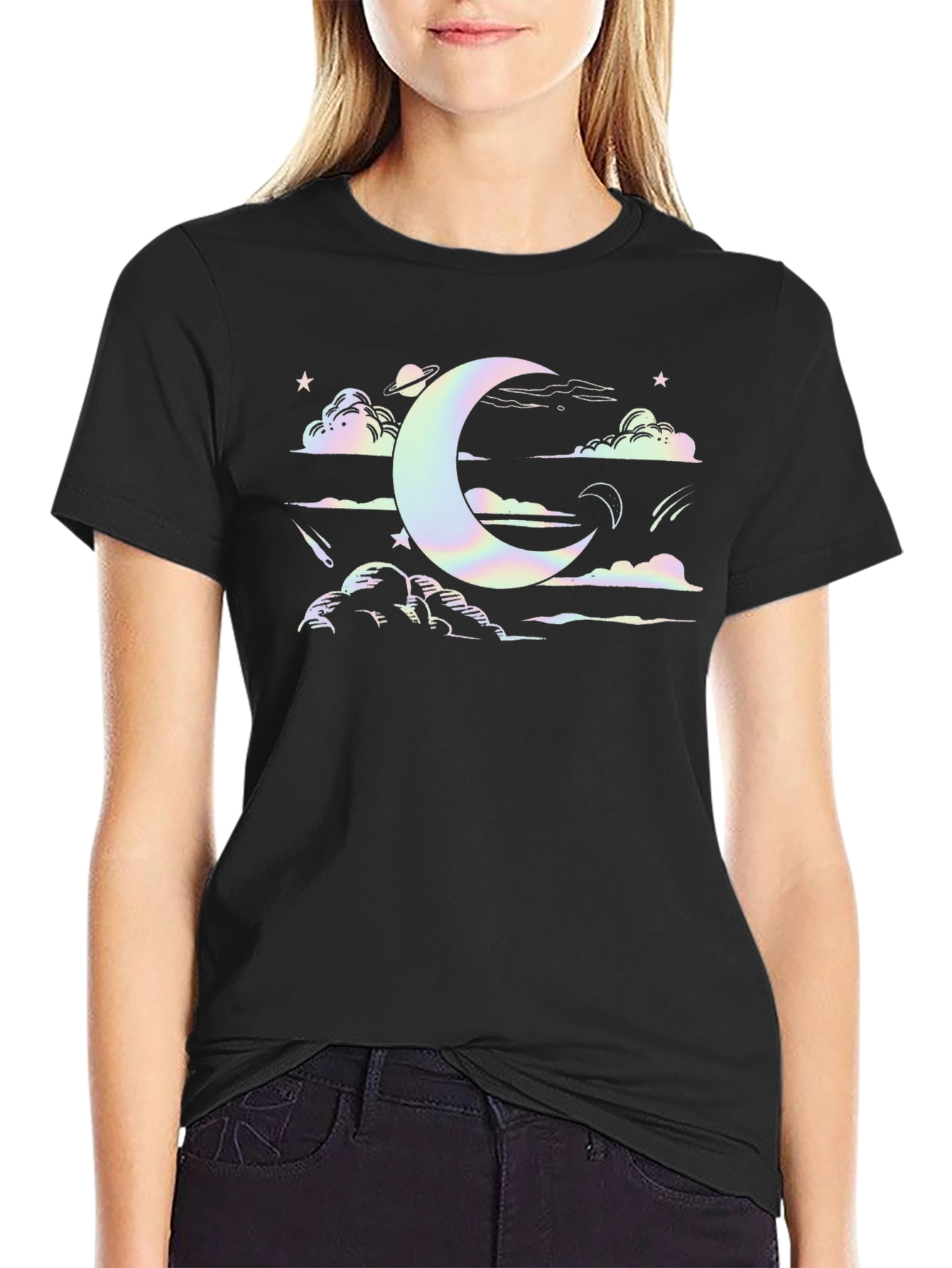 Celestial Dreams Black T-Shirt - Moon & Stars Design