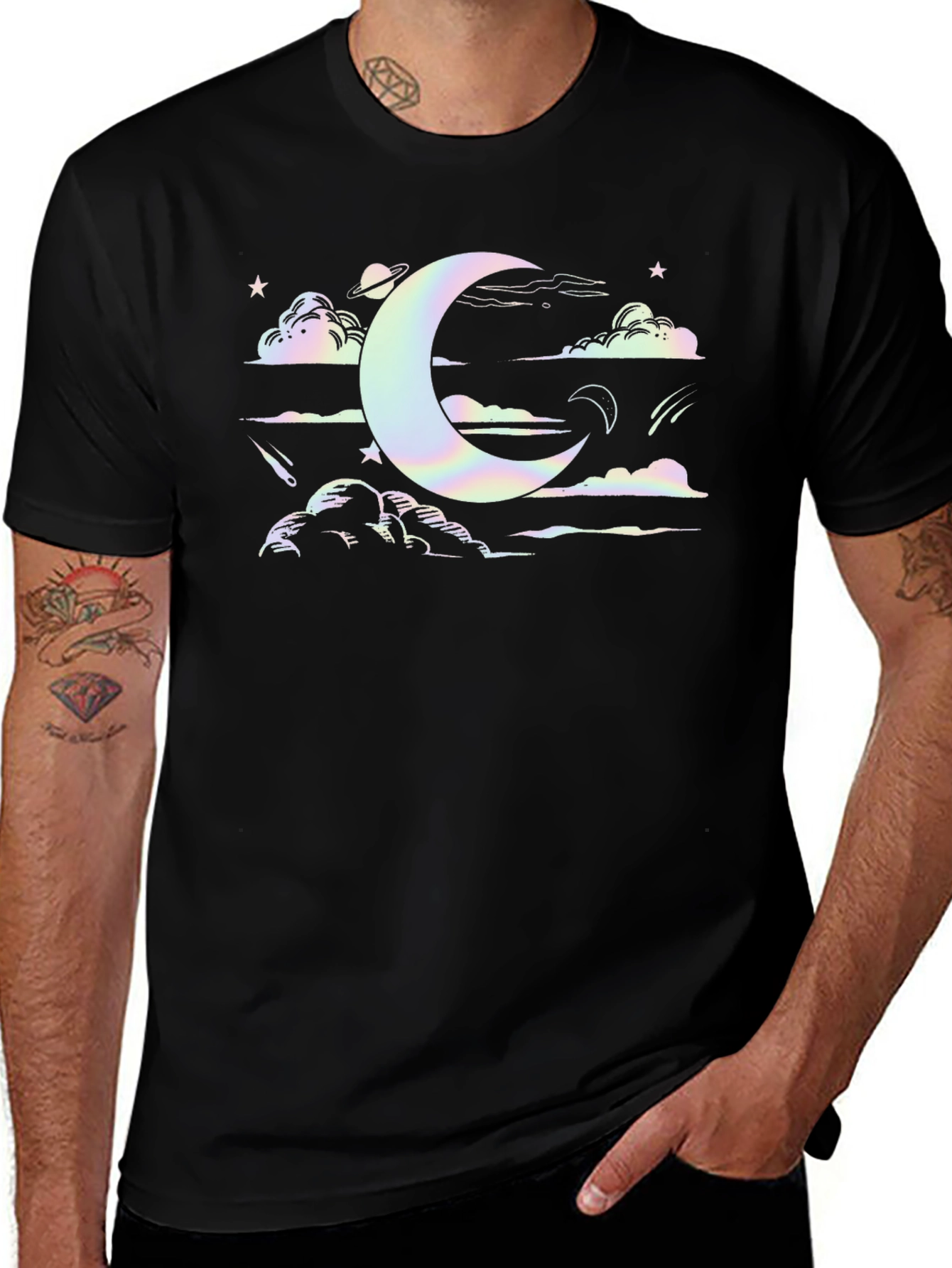 Celestial Dreams Black T-Shirt - Moon & Stars Design