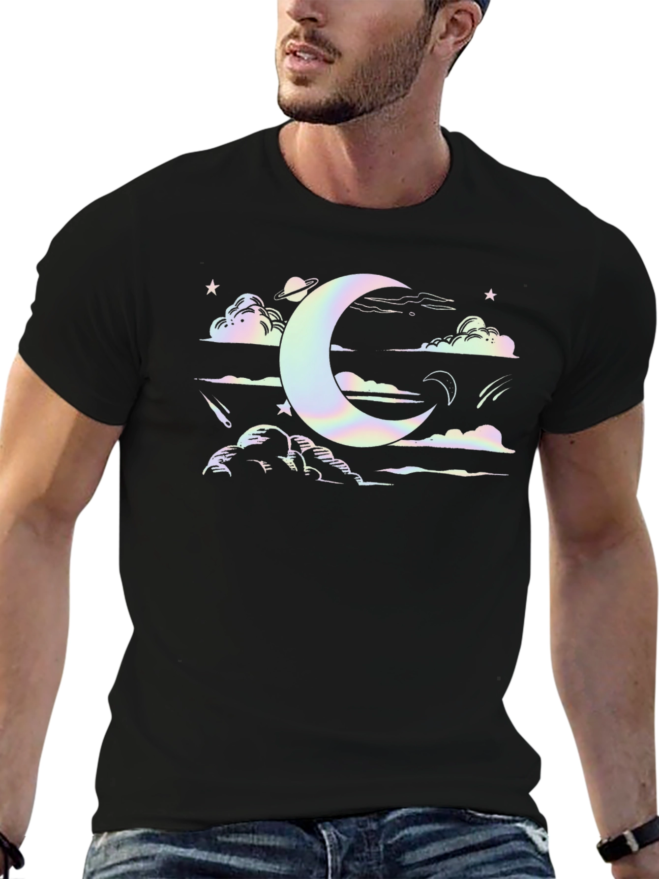 Celestial Dreams Black T-Shirt - Moon & Stars Design