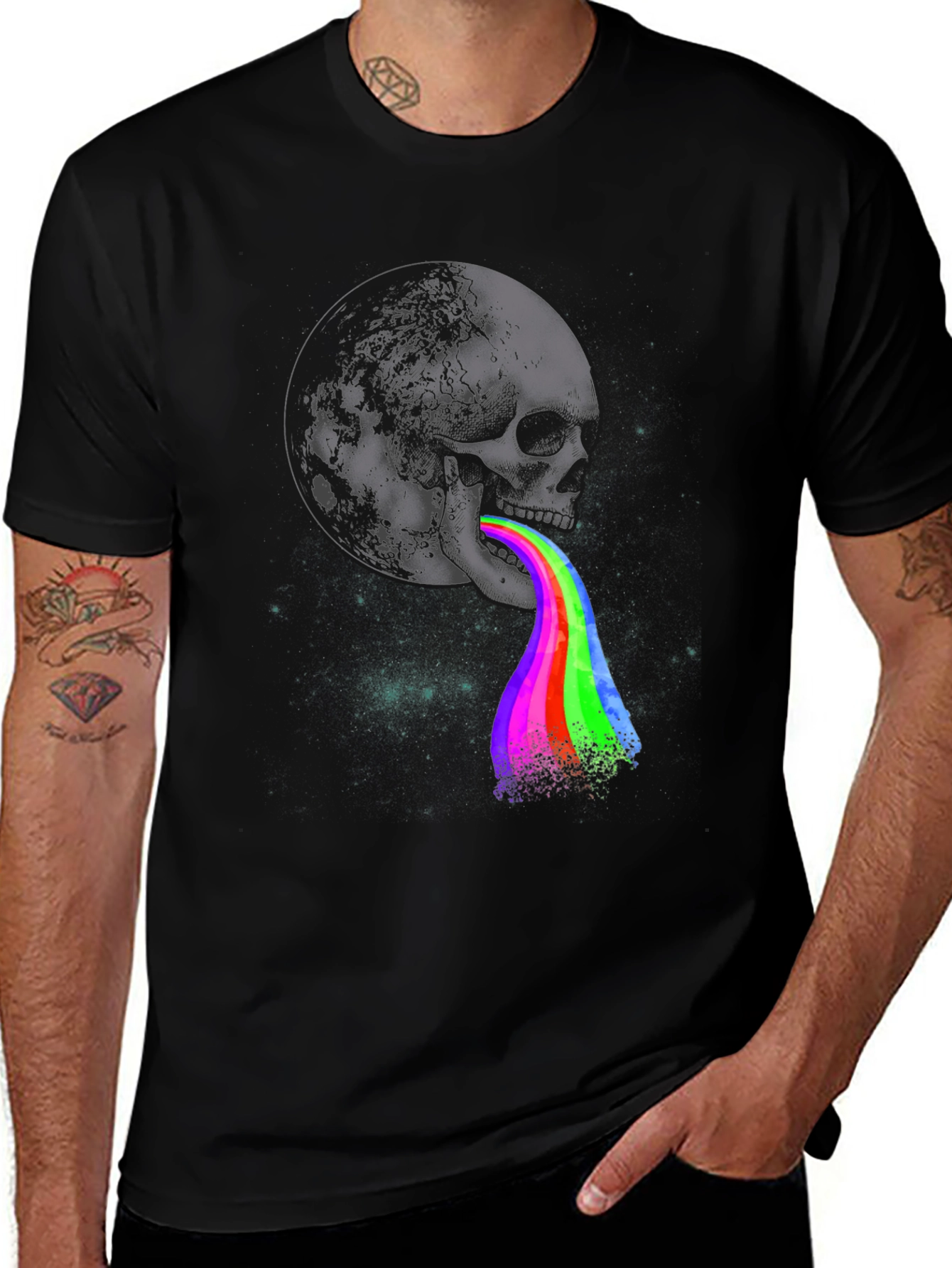 Skull & Moon Rainbow Vomit Graphic T-Shirt