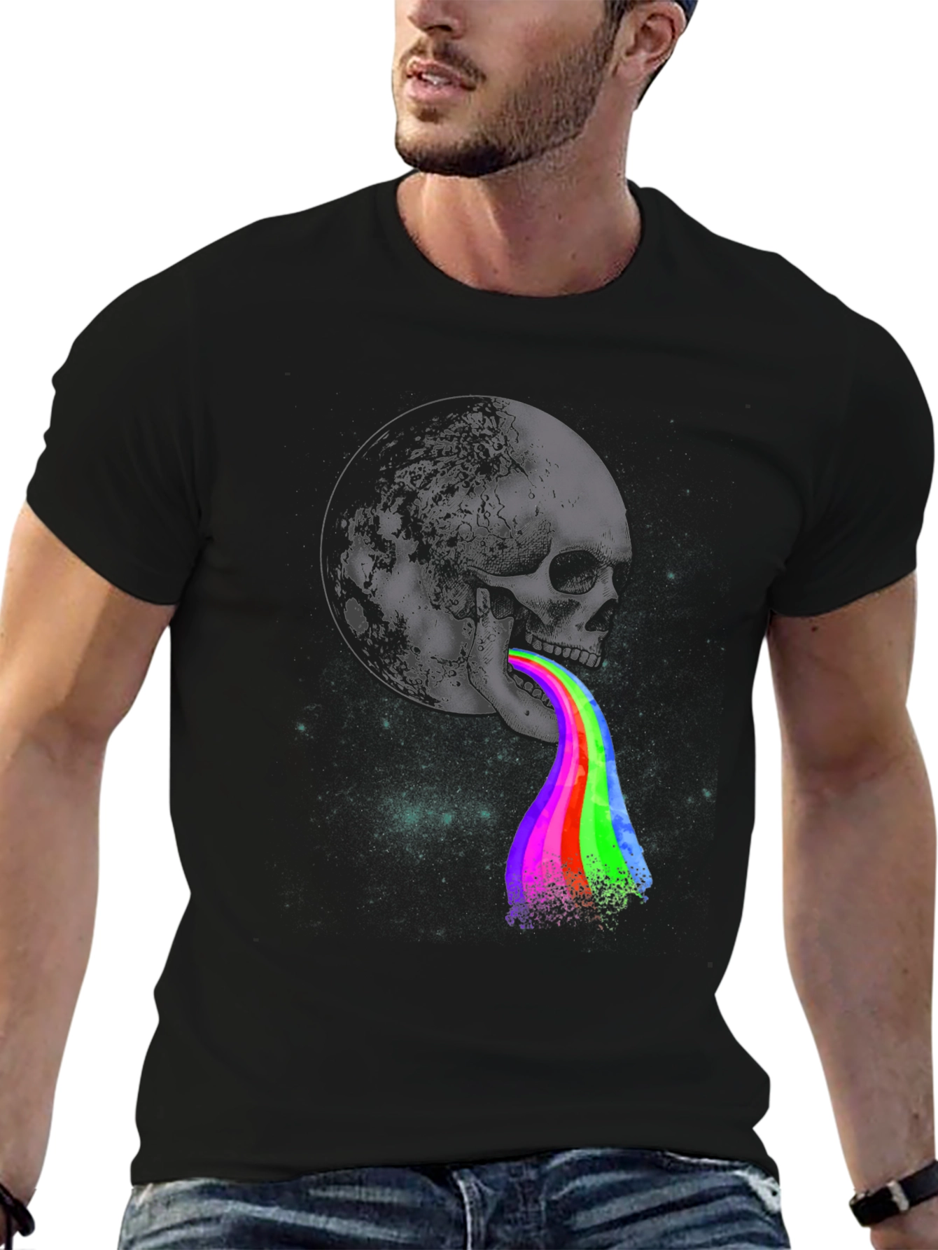 Skull & Moon Rainbow Vomit Graphic T-Shirt