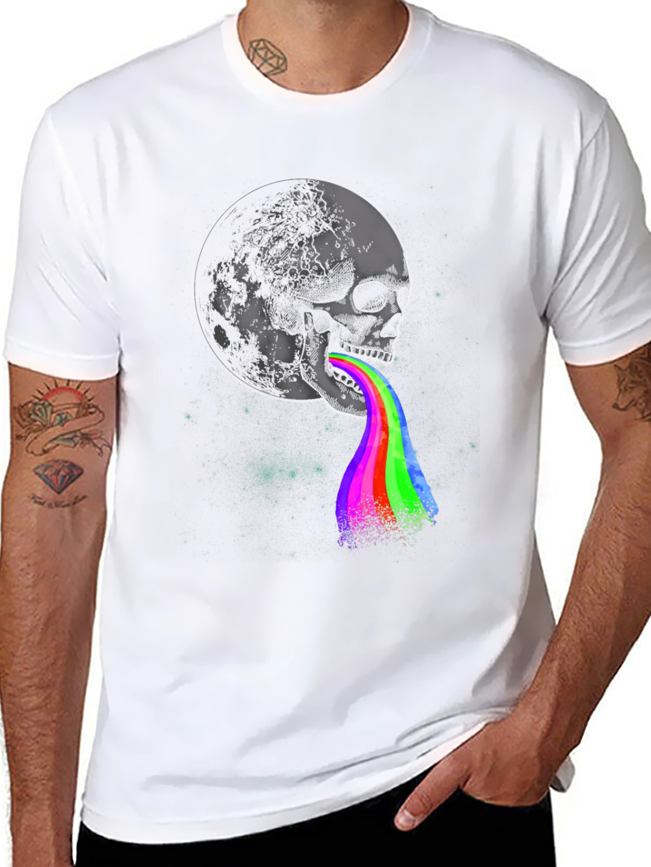 Skull & Moon Rainbow Vomit Graphic T-Shirt