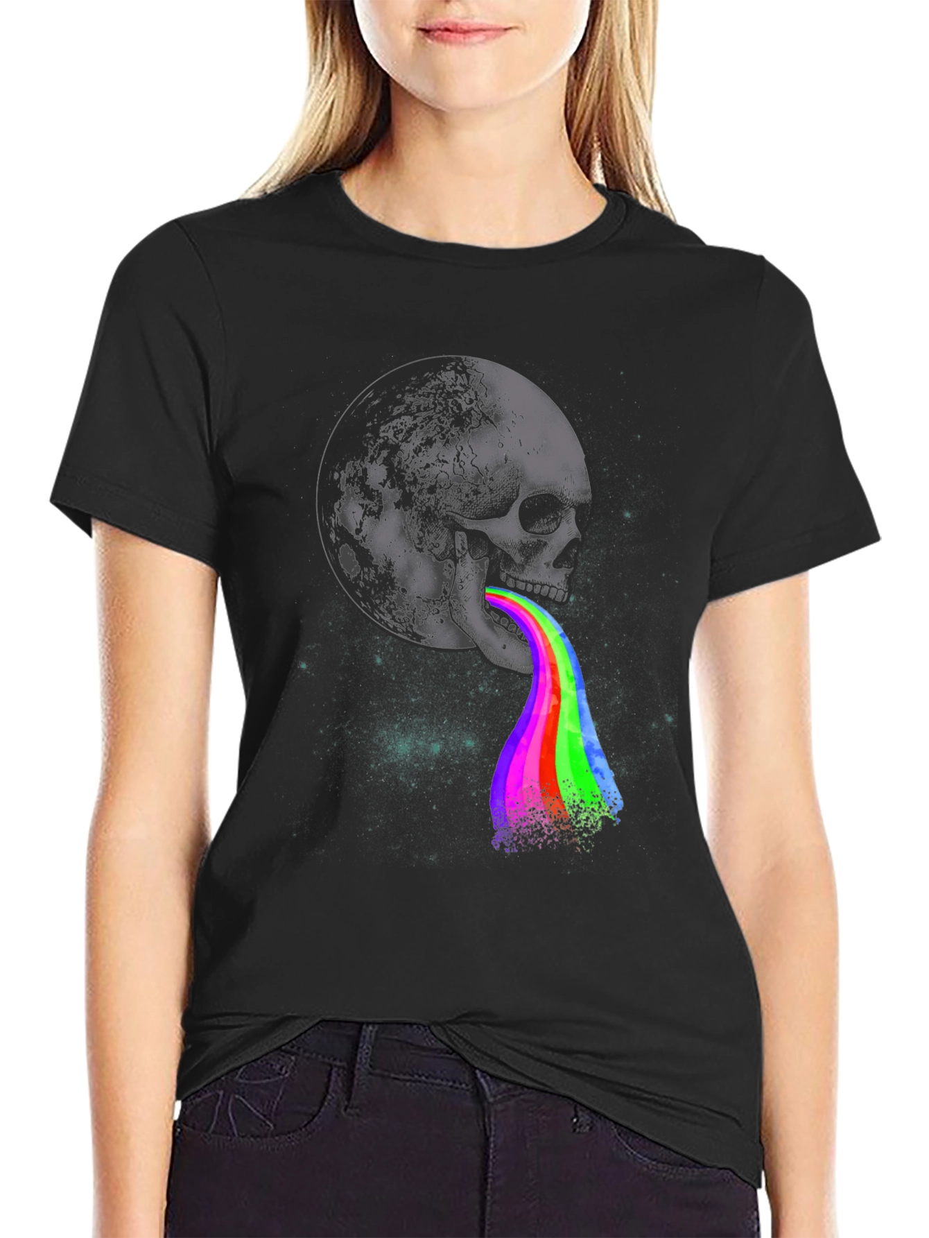Skull & Moon Rainbow Vomit Graphic T-Shirt