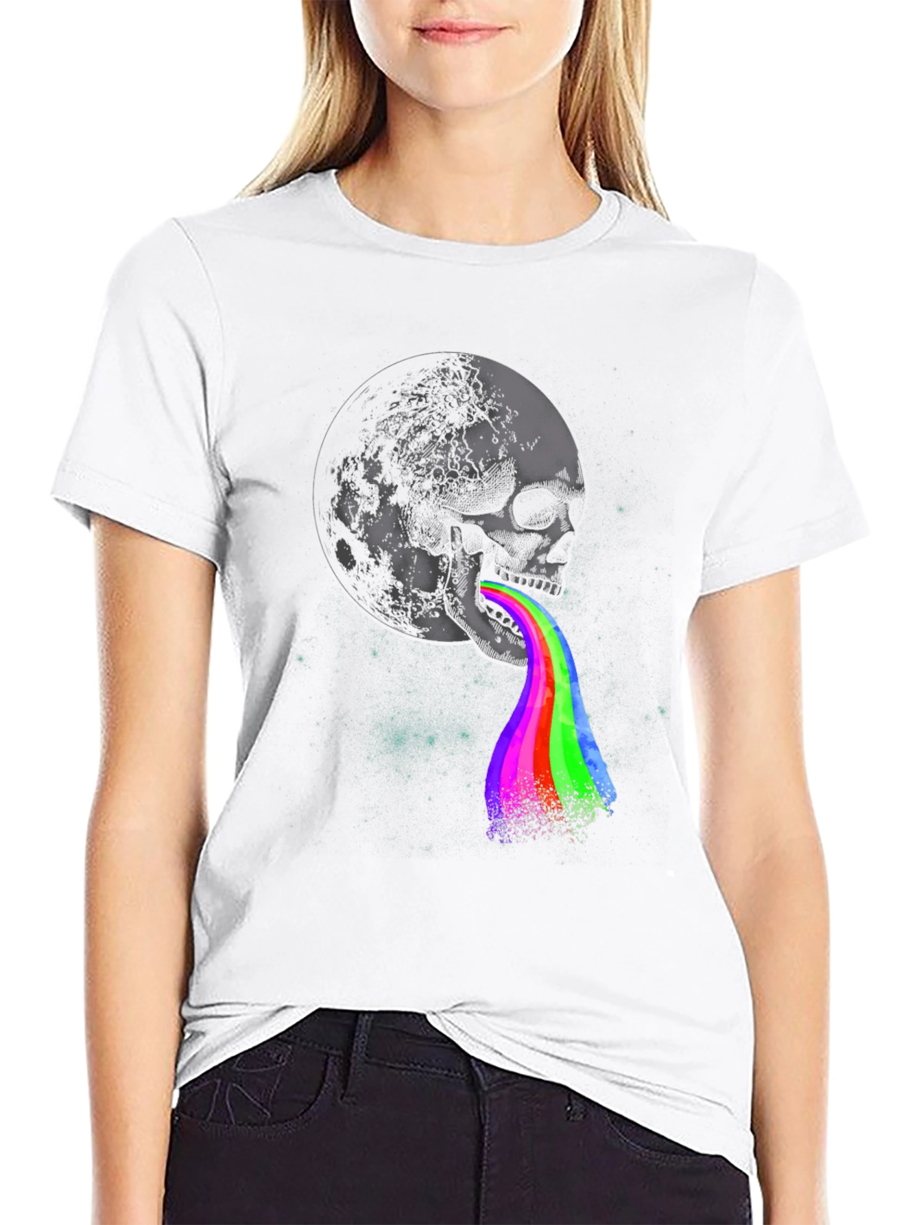 Skull & Moon Rainbow Vomit Graphic T-Shirt