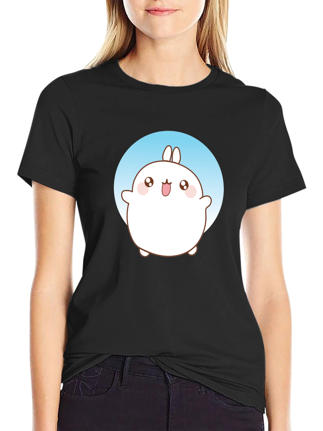 Cute Molang Bunny Graphic T-Shirt - Black
