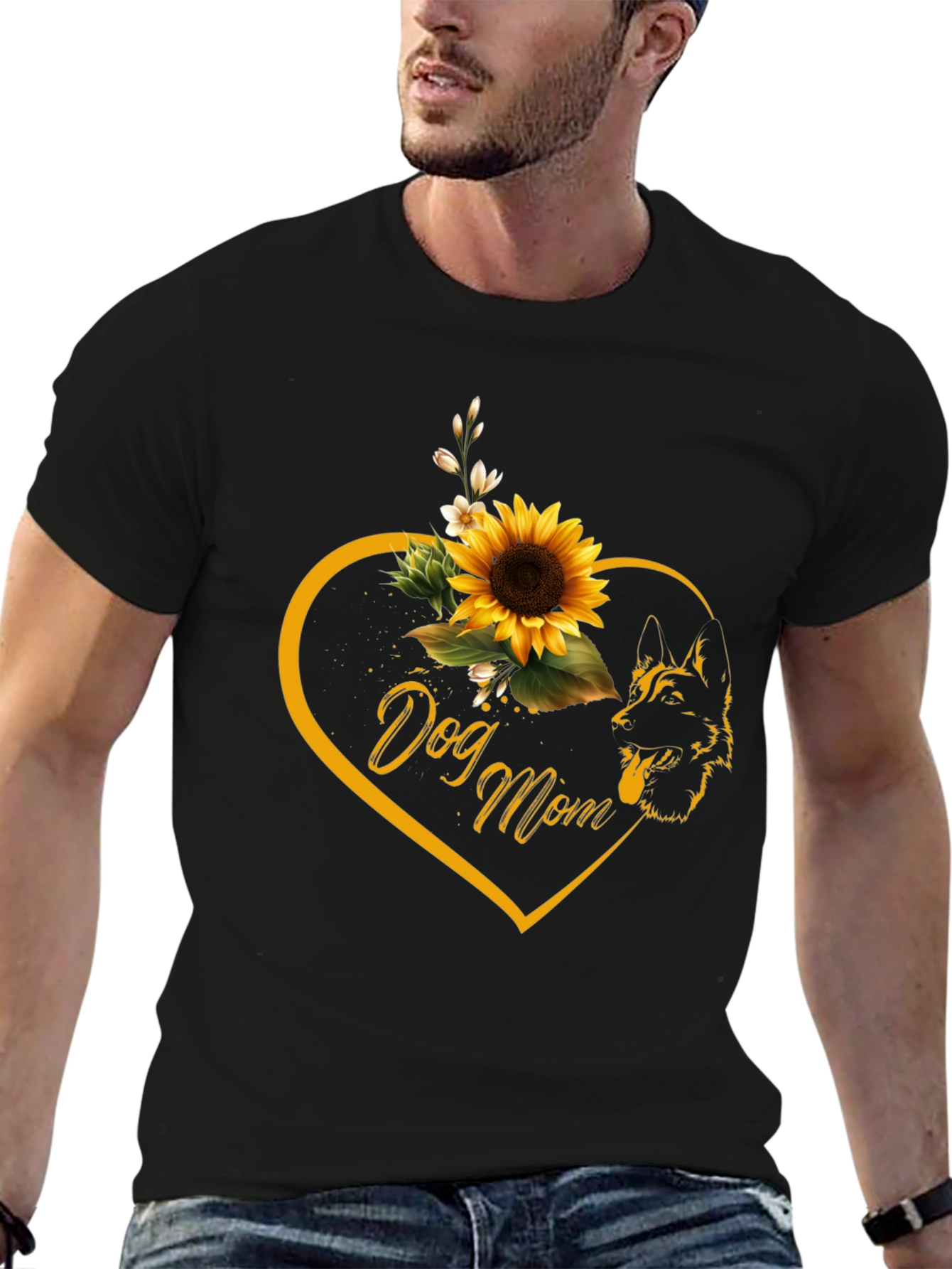 Dog Mom Sunflower Heart Black T-Shirt