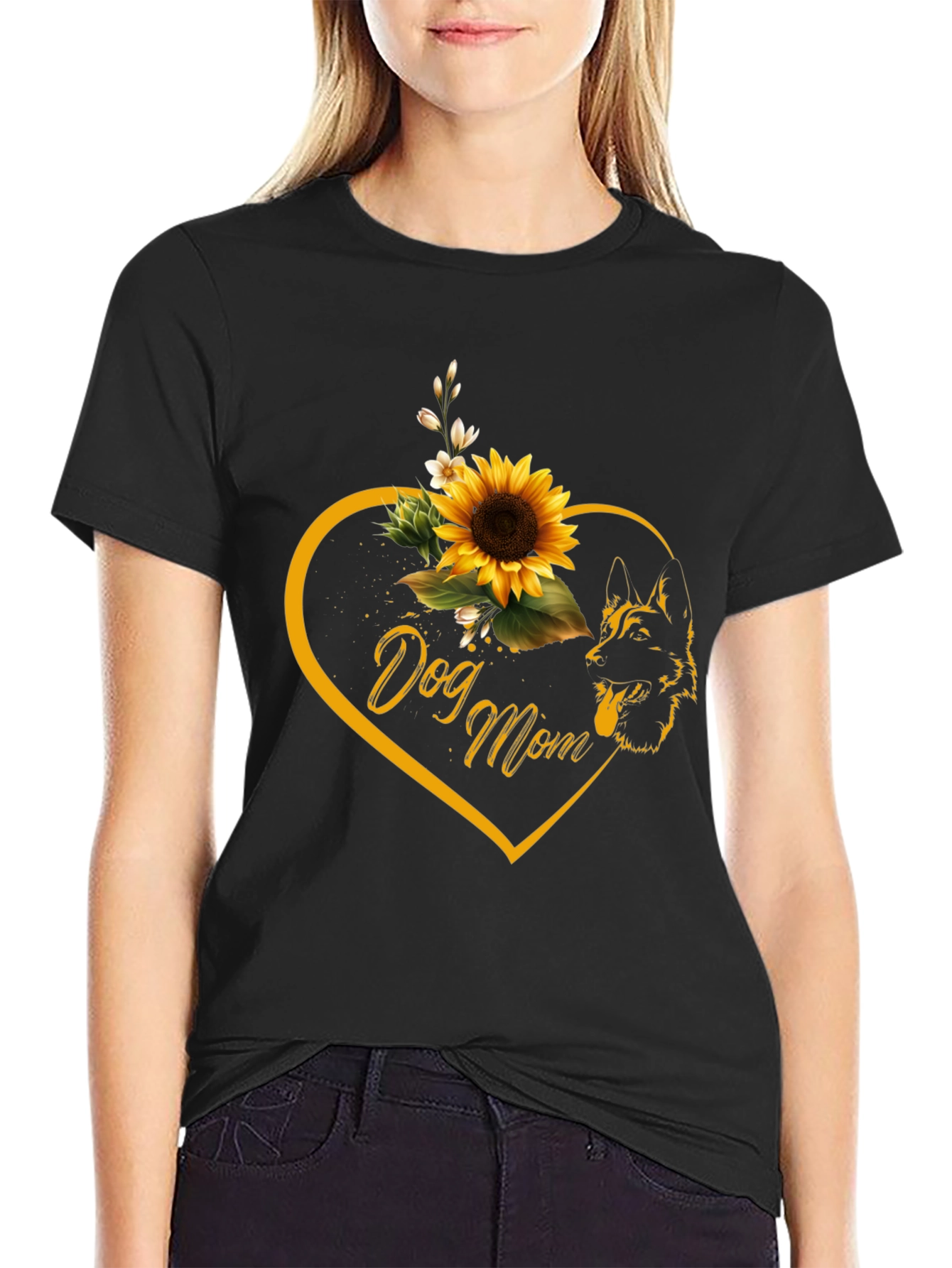 Dog Mom Sunflower Heart Black T-Shirt