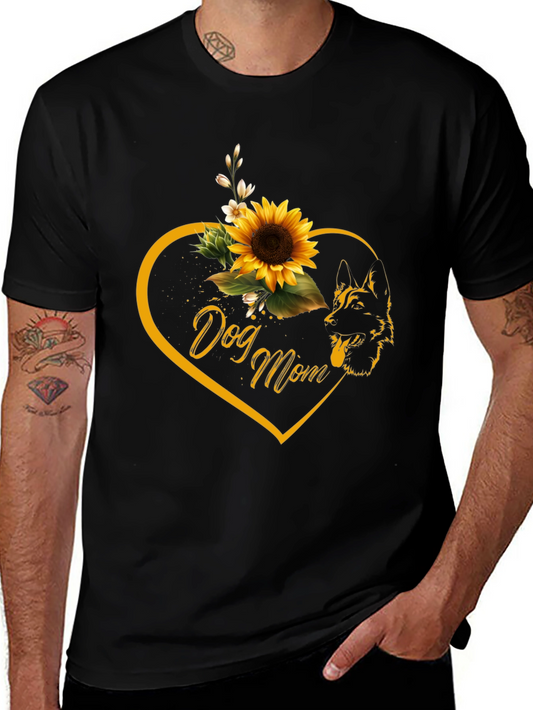 Dog Mom Sunflower Heart Black T-Shirt