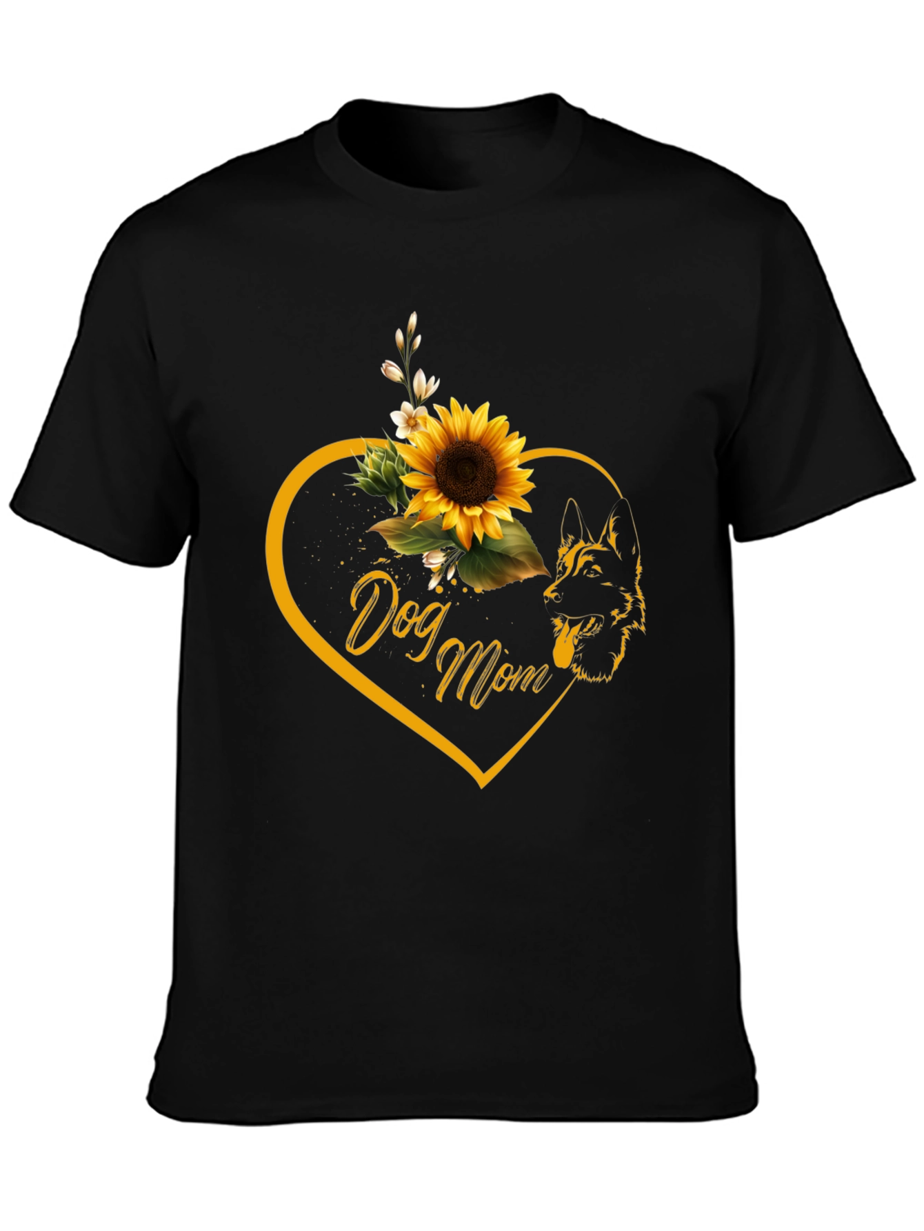 Dog Mom Sunflower Heart Black T-Shirt