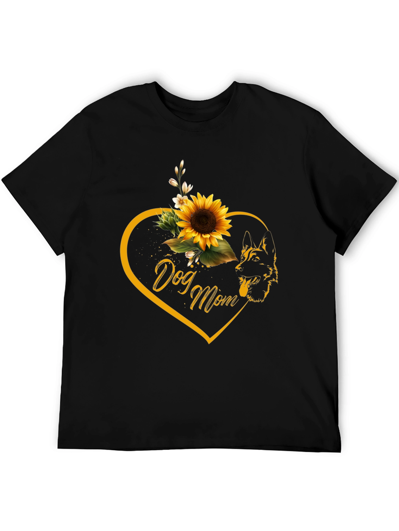 Dog Mom Sunflower Heart Black T-Shirt
