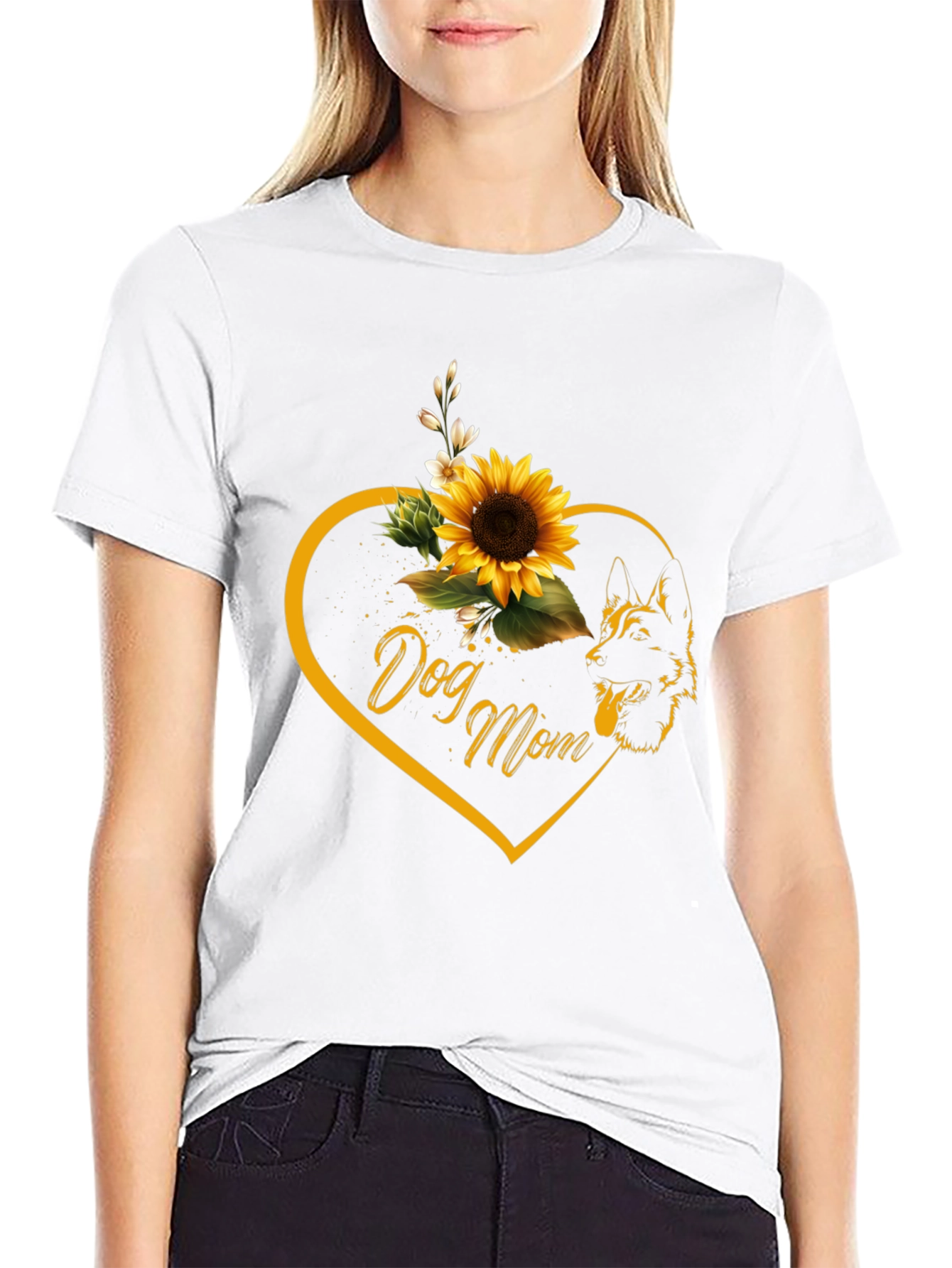 Dog Mom Sunflower Heart Black T-Shirt