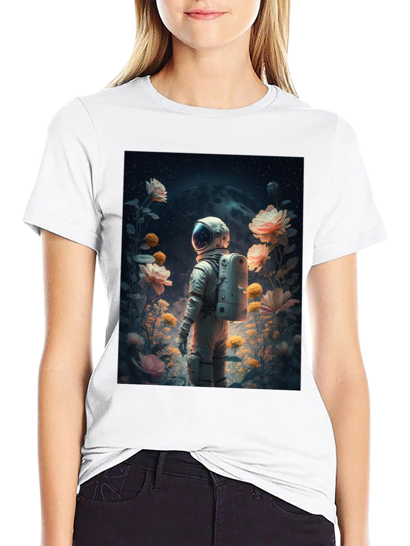 Astronaut in Floral Space T-Shirt