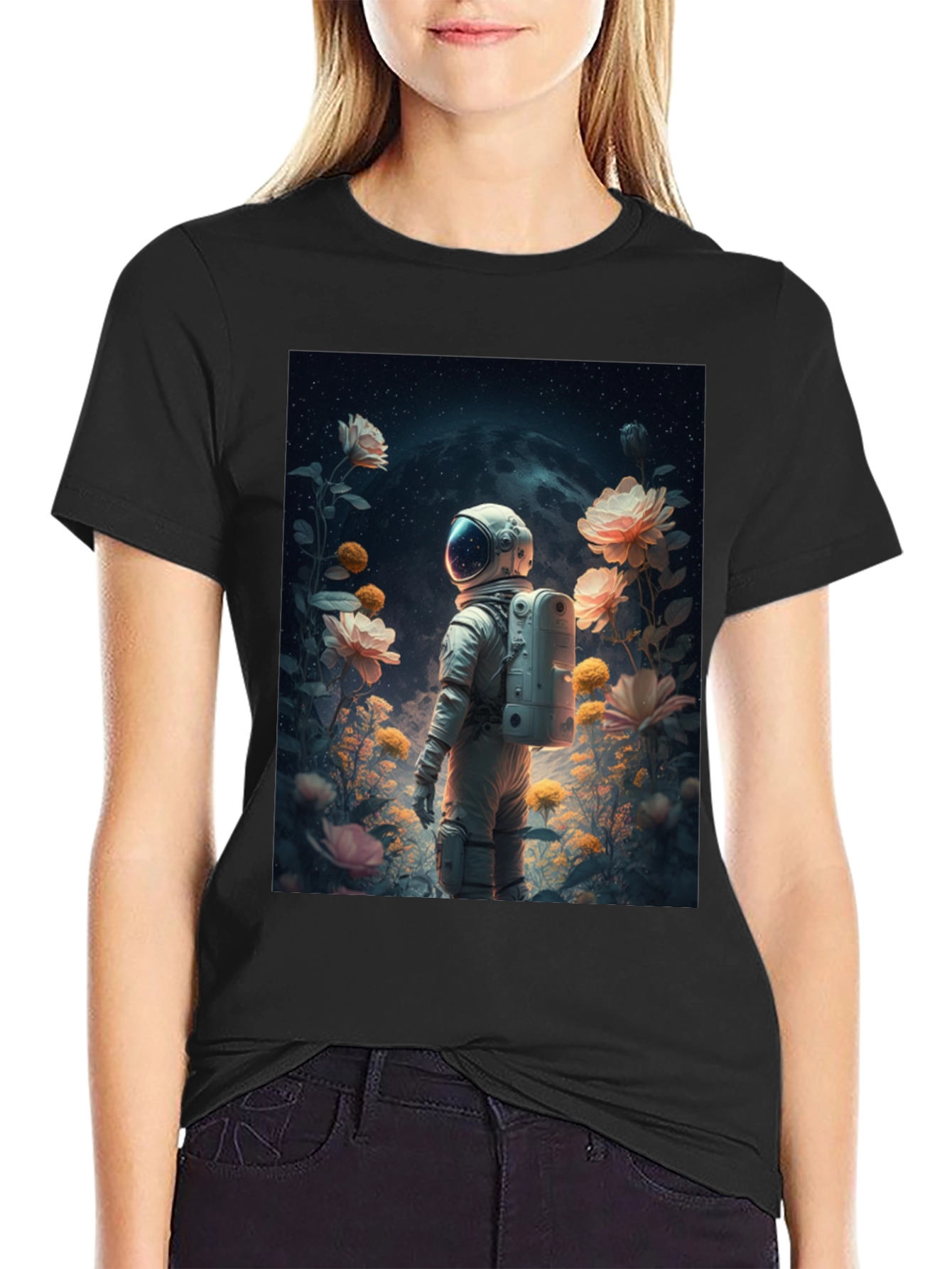 Astronaut in Floral Space T-Shirt