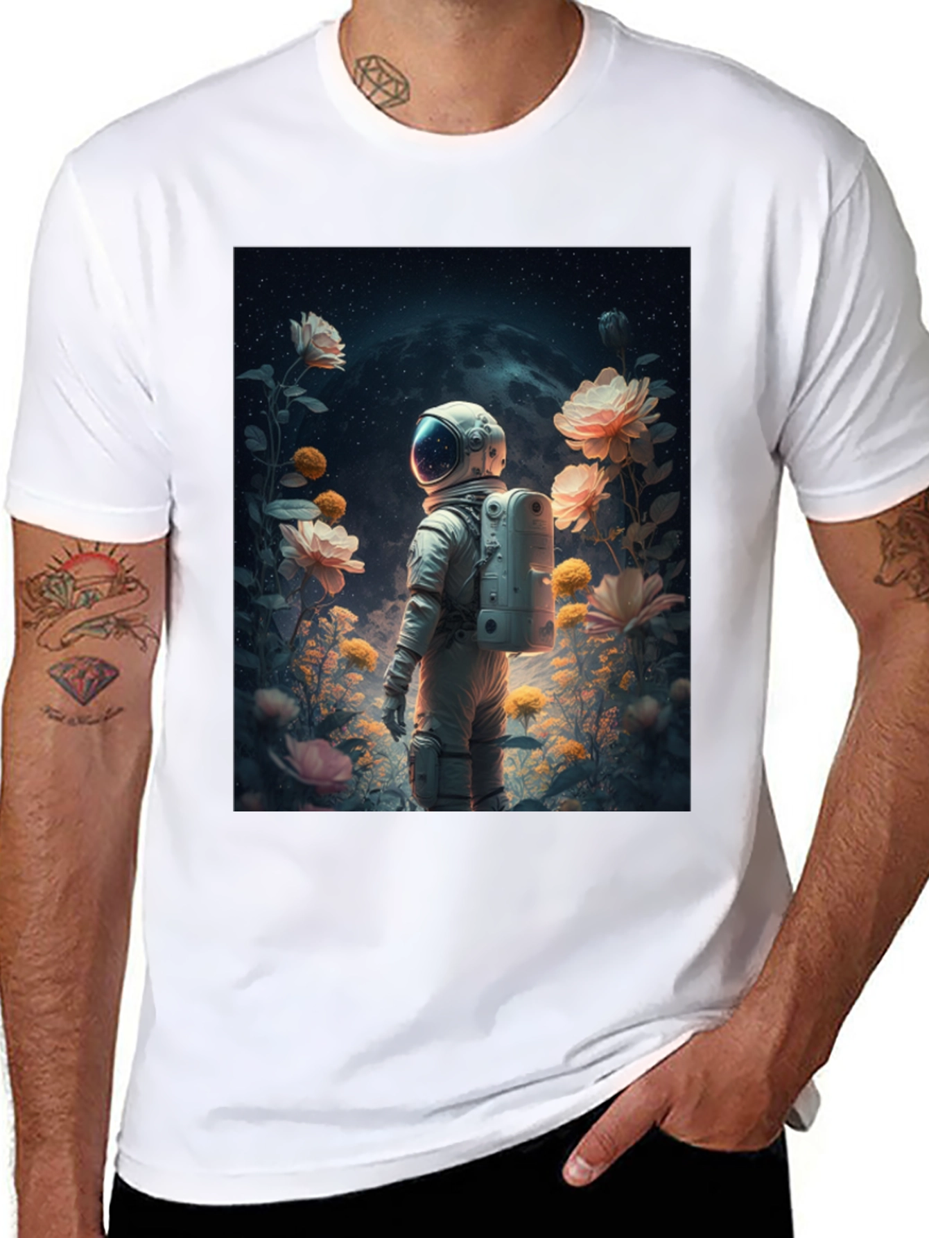 Astronaut in Floral Space T-Shirt