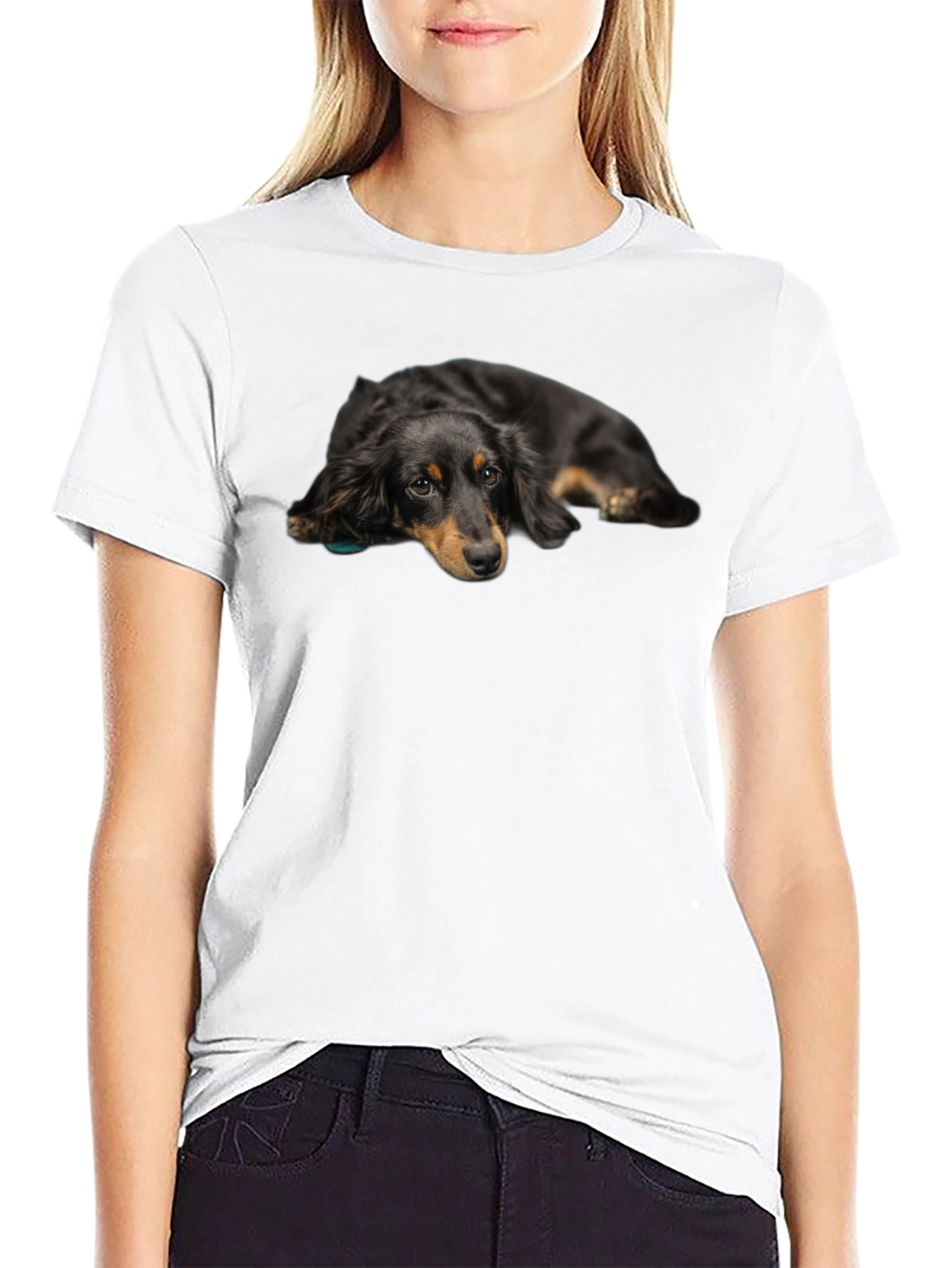 Cute Dachshund Dog Graphic Print Black T-Shirt