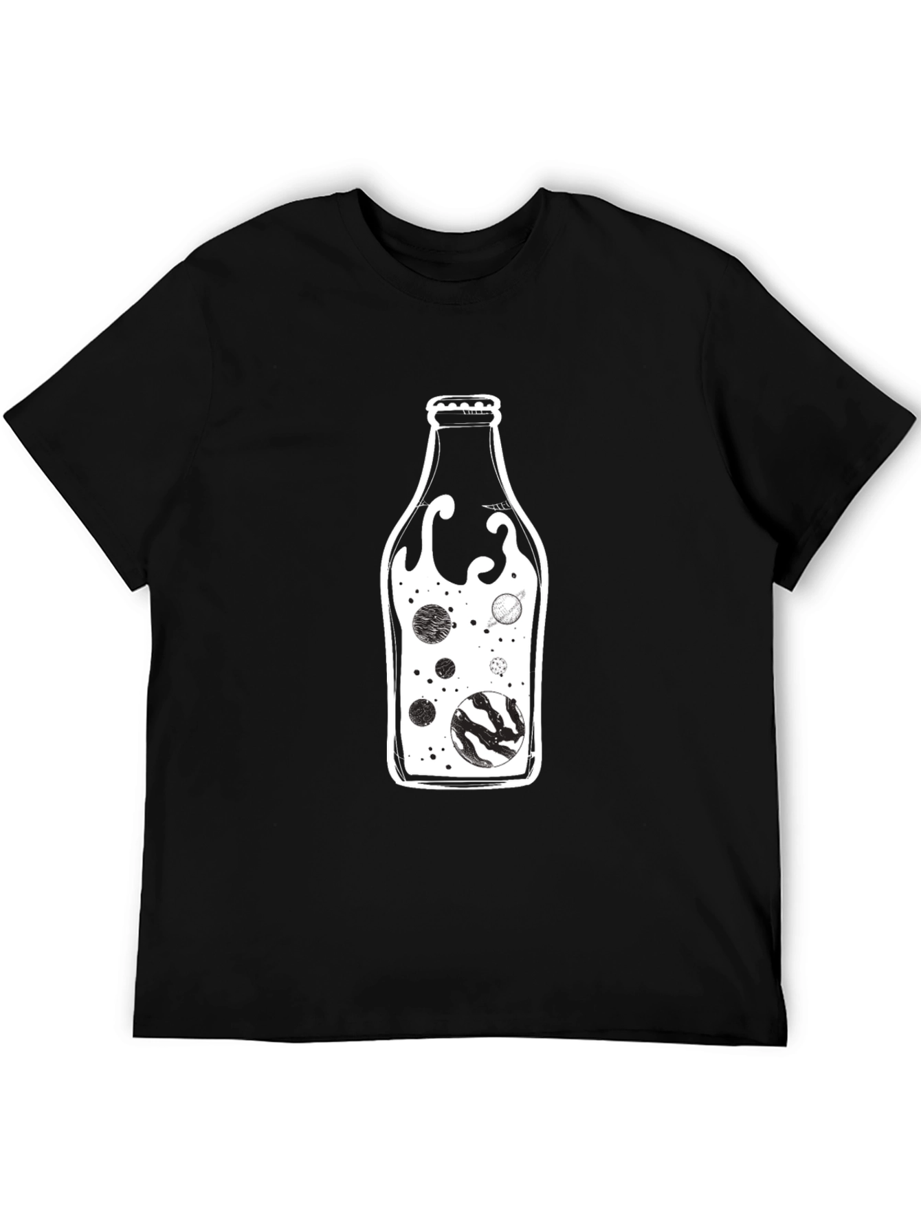 Cosmic Bottle Black Graphic Tee - Unique Universe Design