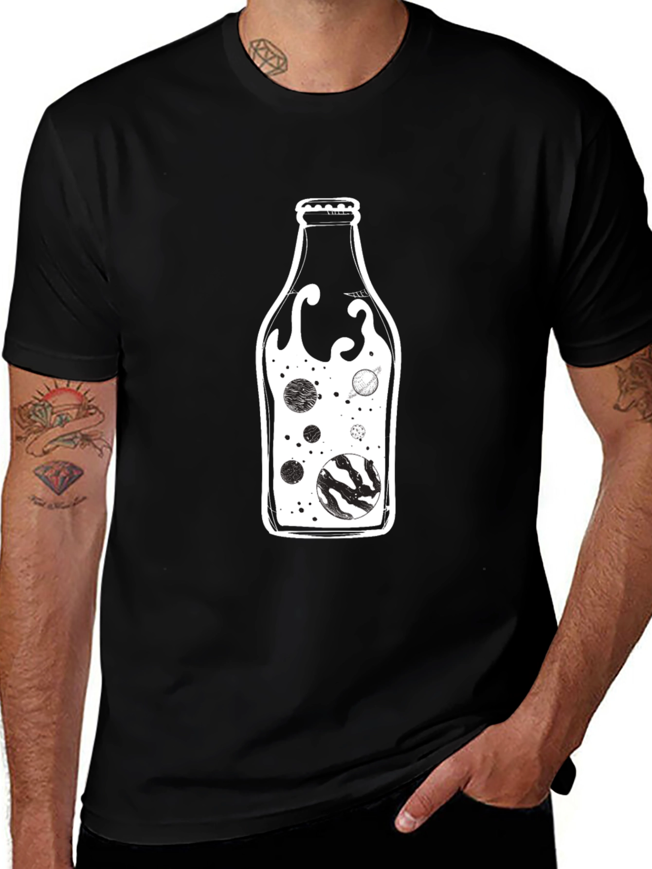 Cosmic Bottle Black Graphic Tee - Unique Universe Design