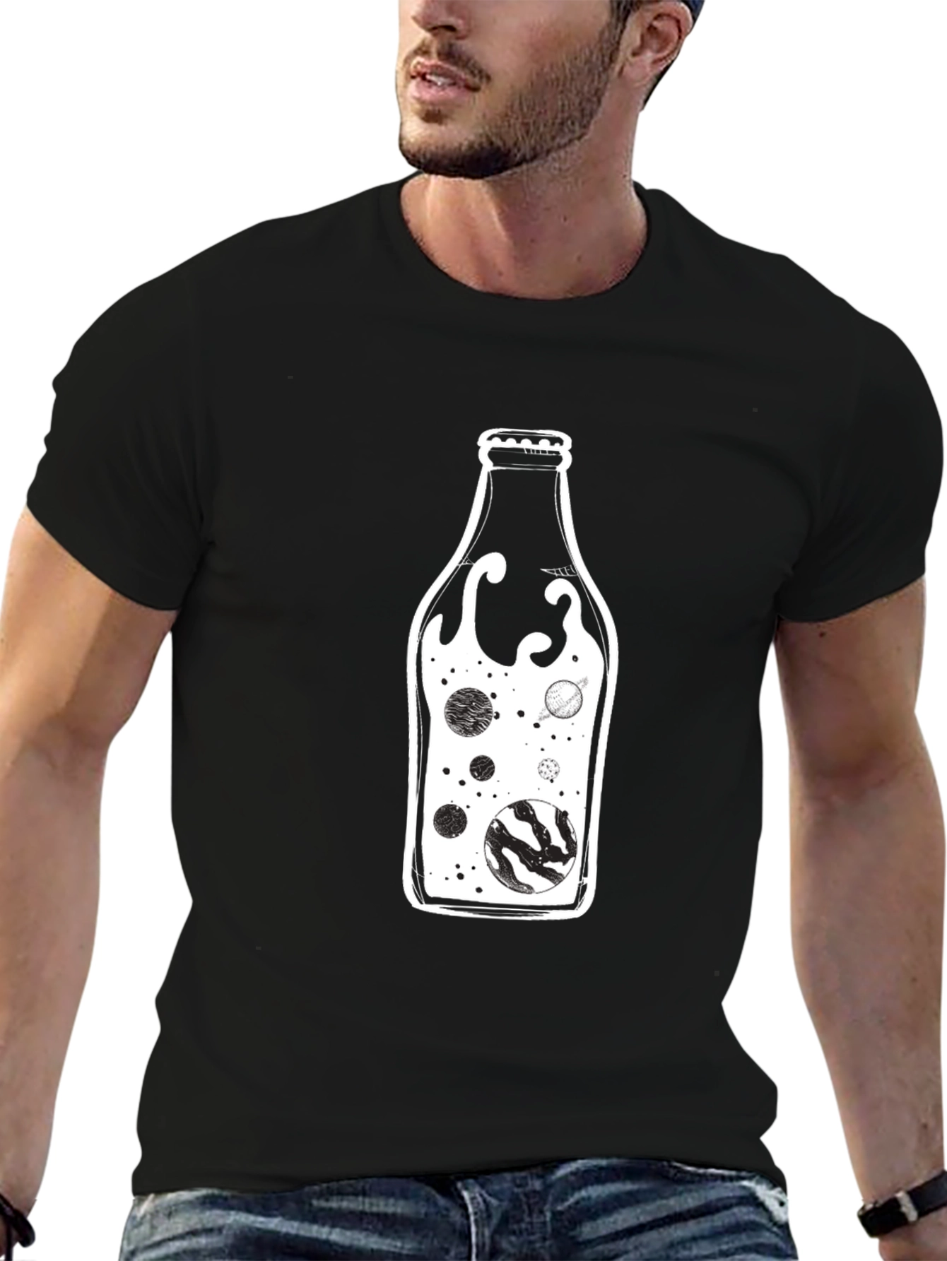 Cosmic Bottle Black Graphic Tee - Unique Universe Design