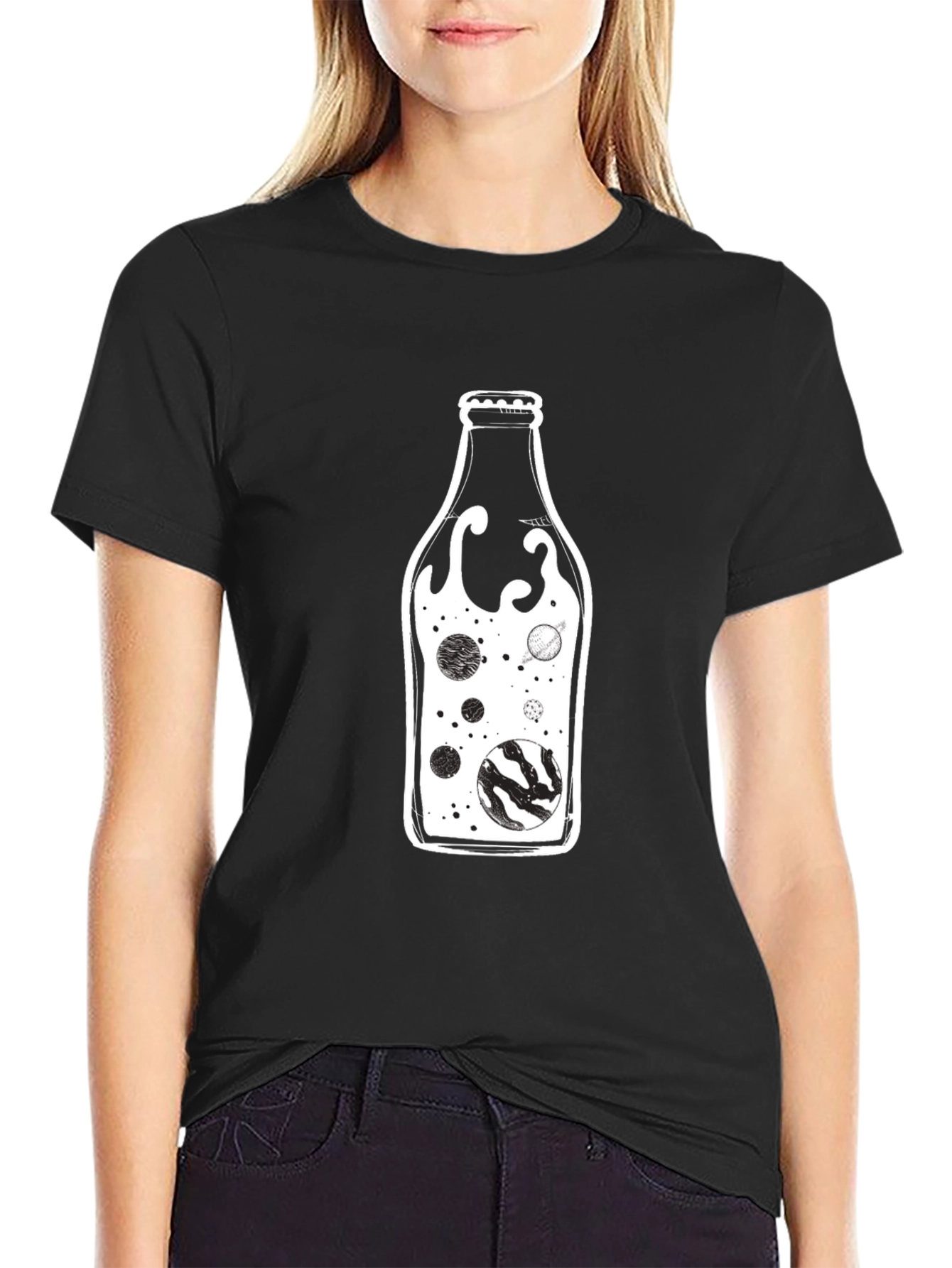 Cosmic Bottle Black Graphic Tee - Unique Universe Design