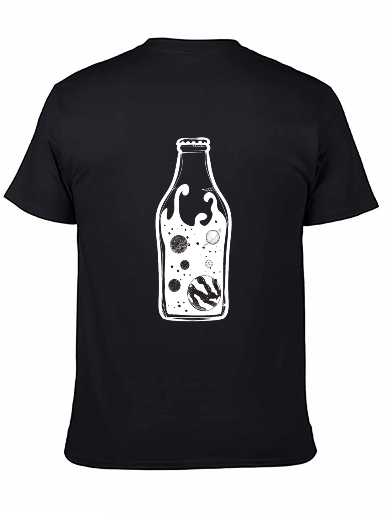 Cosmic Bottle Black Graphic Tee - Unique Universe Design