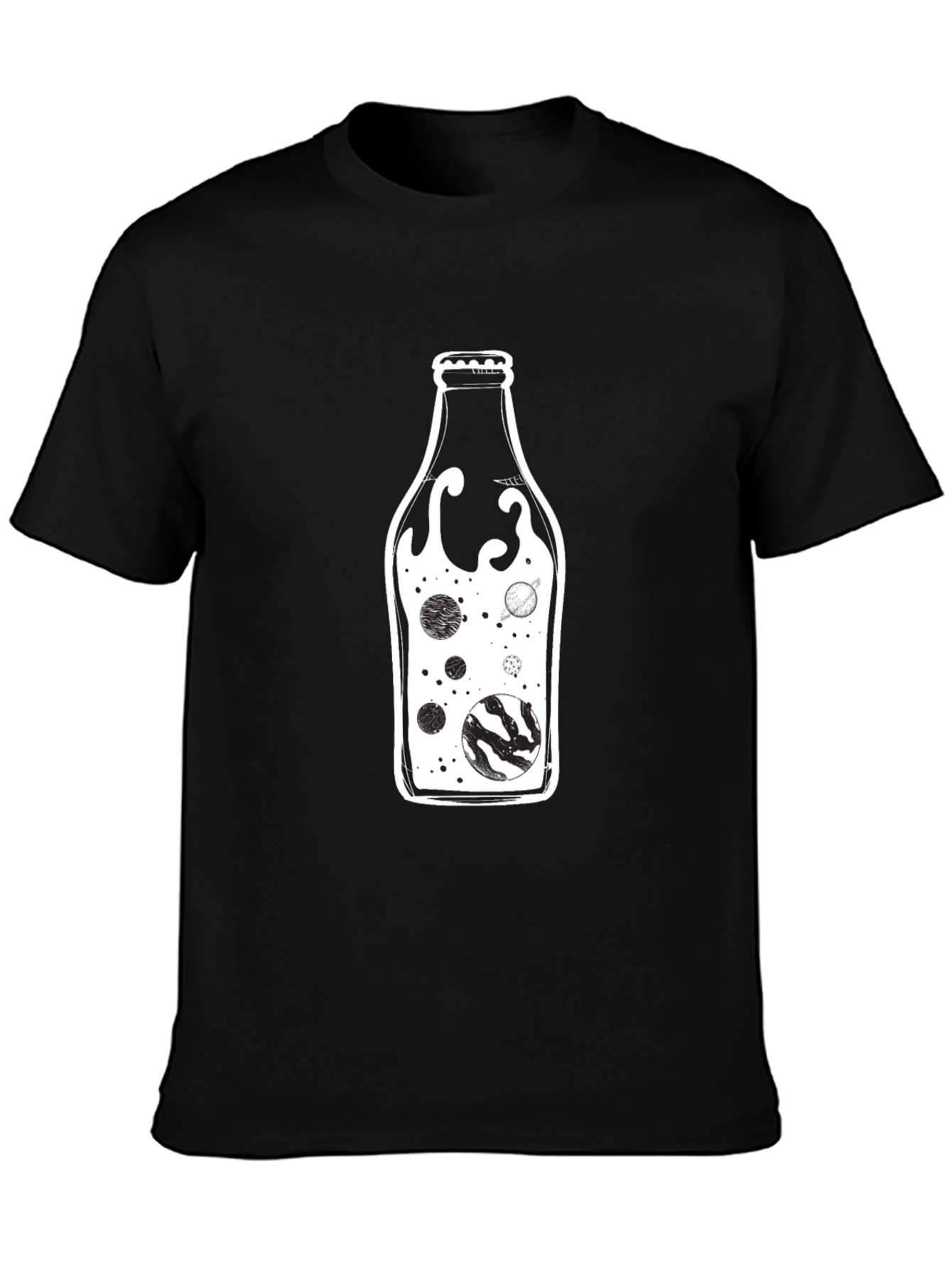 Cosmic Bottle Black Graphic Tee - Unique Universe Design