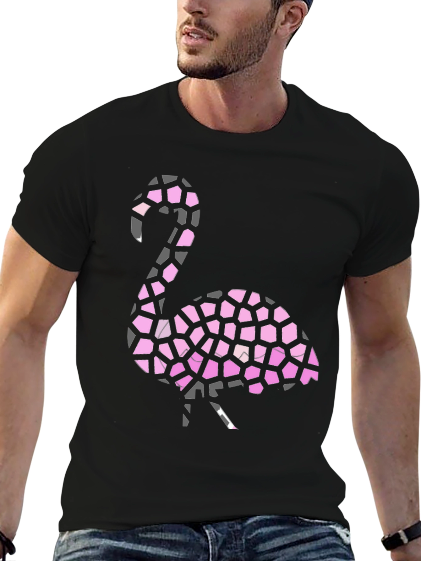Flamingo Mosaic Graphic Tee - Stylish Black T-Shirt