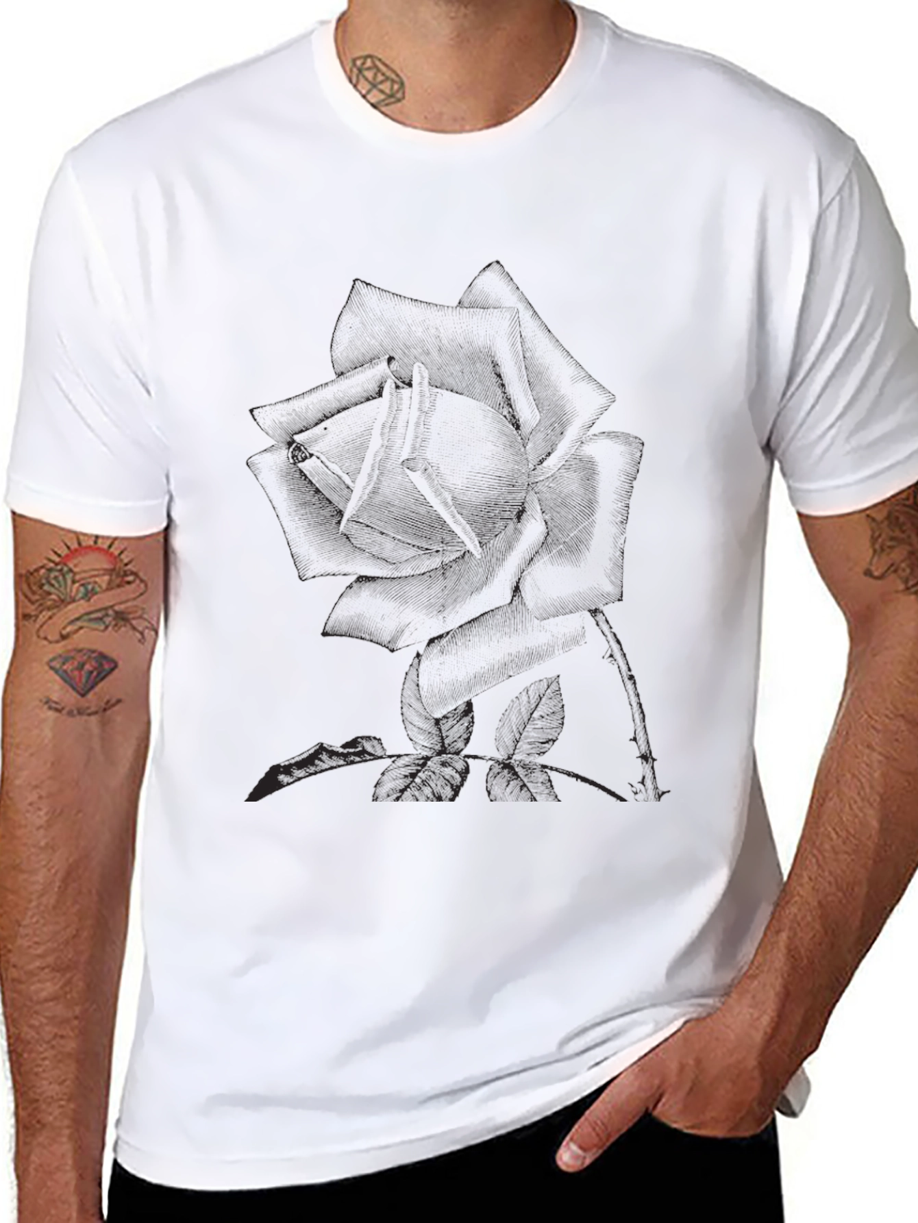 Black T-Shirt with Rose Print
