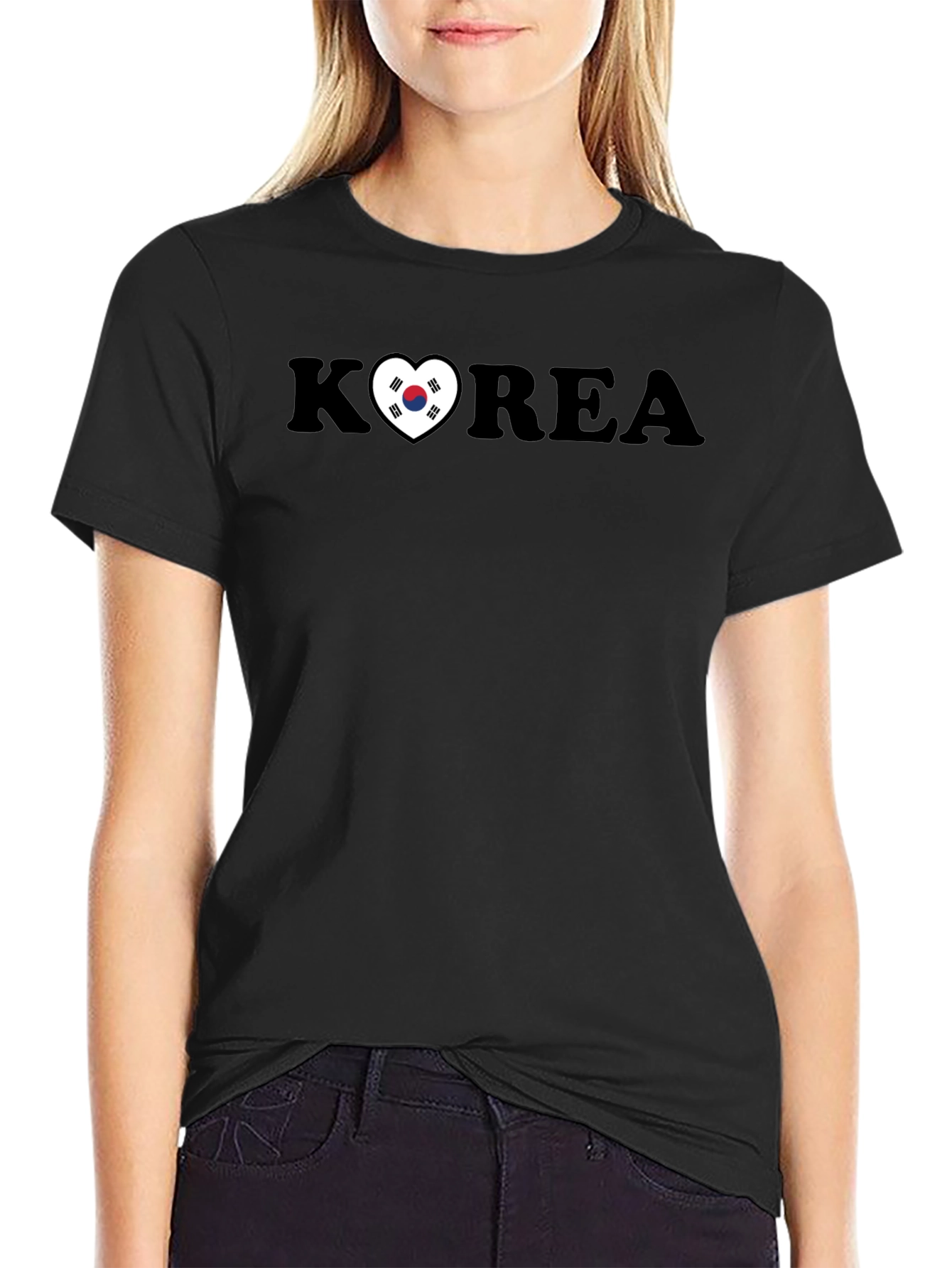 Korea Heart Flag Graphic Black T-Shirt