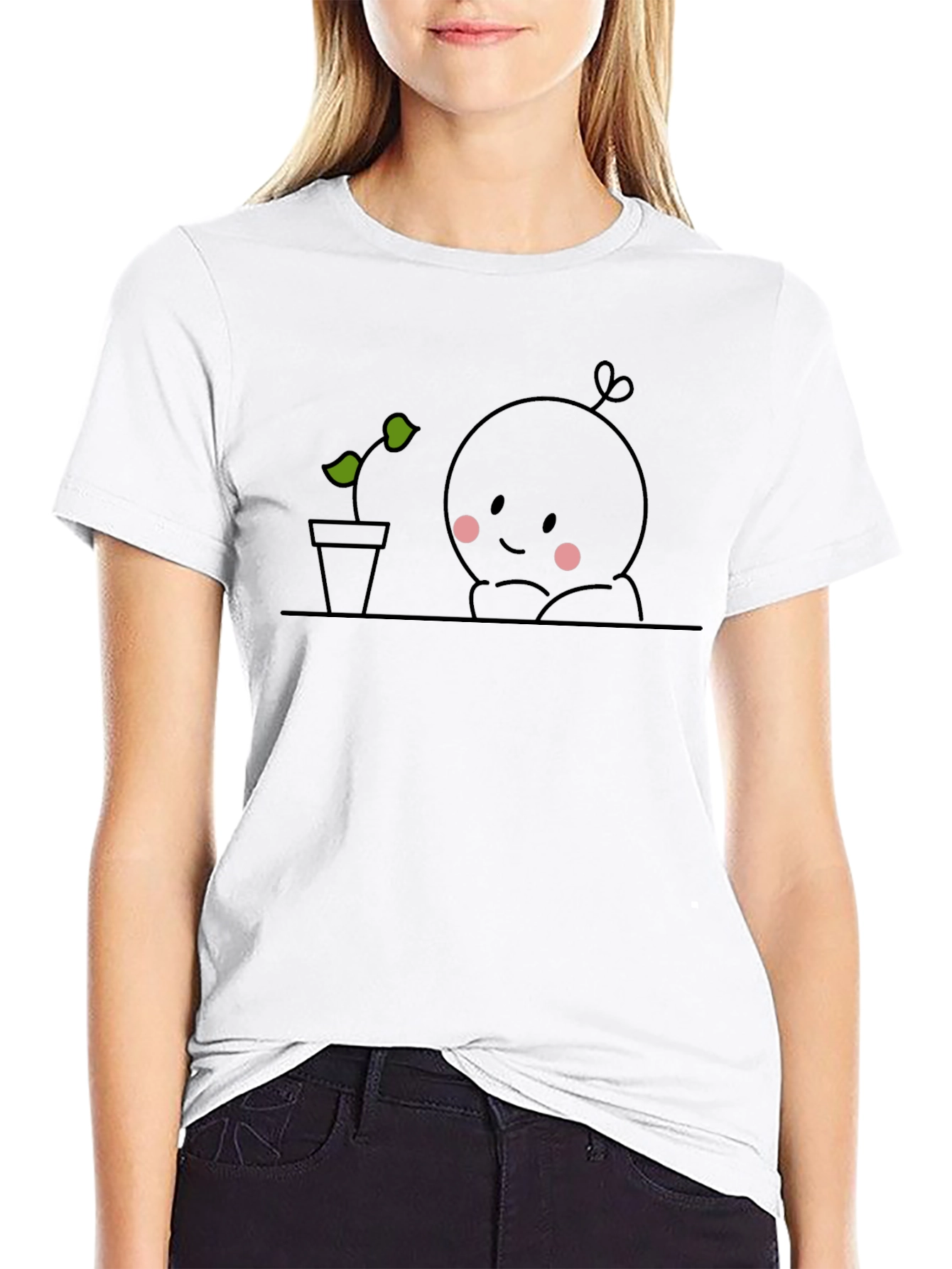 Cute Plant Observer Graphic Tee - Black Cotton T-Shirt