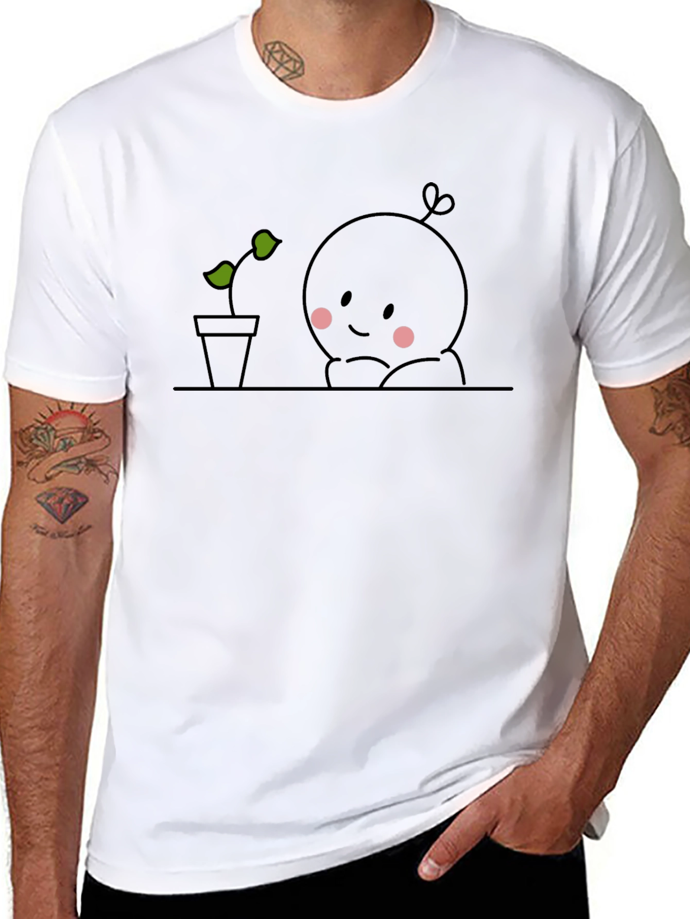 Cute Plant Observer Graphic Tee - Black Cotton T-Shirt