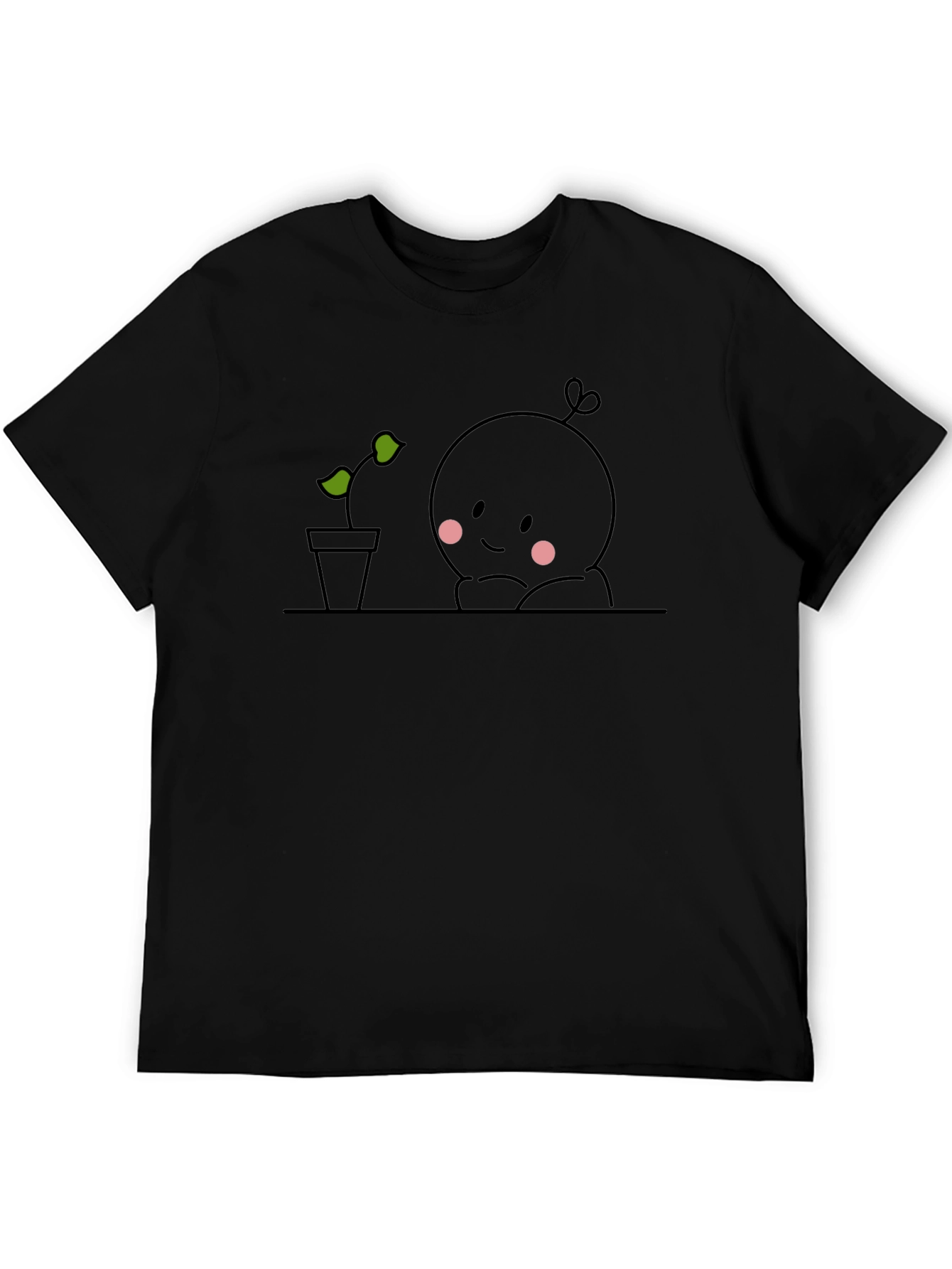 Cute Plant Observer Graphic Tee - Black Cotton T-Shirt