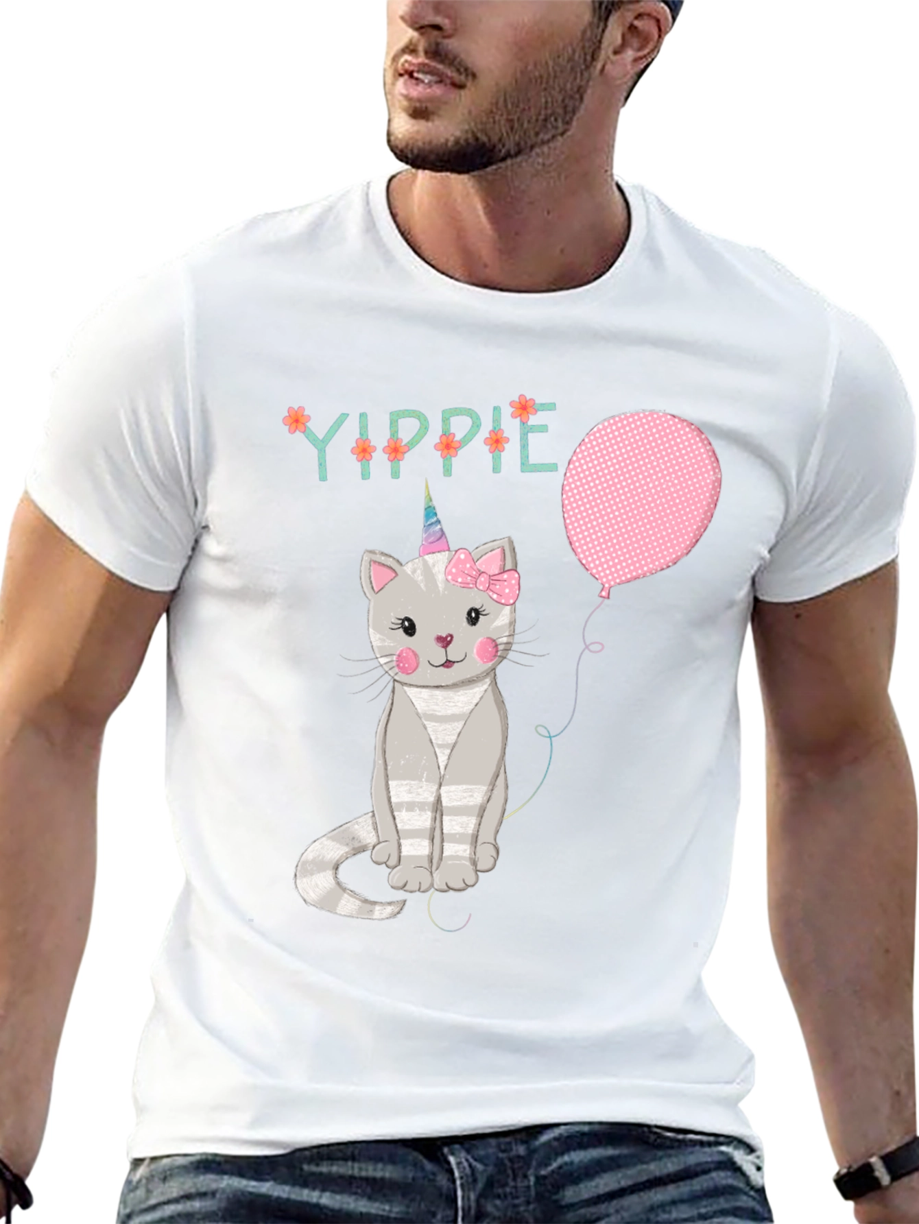 Yippie Cat Unicorn Balloon Graphic T-Shirt