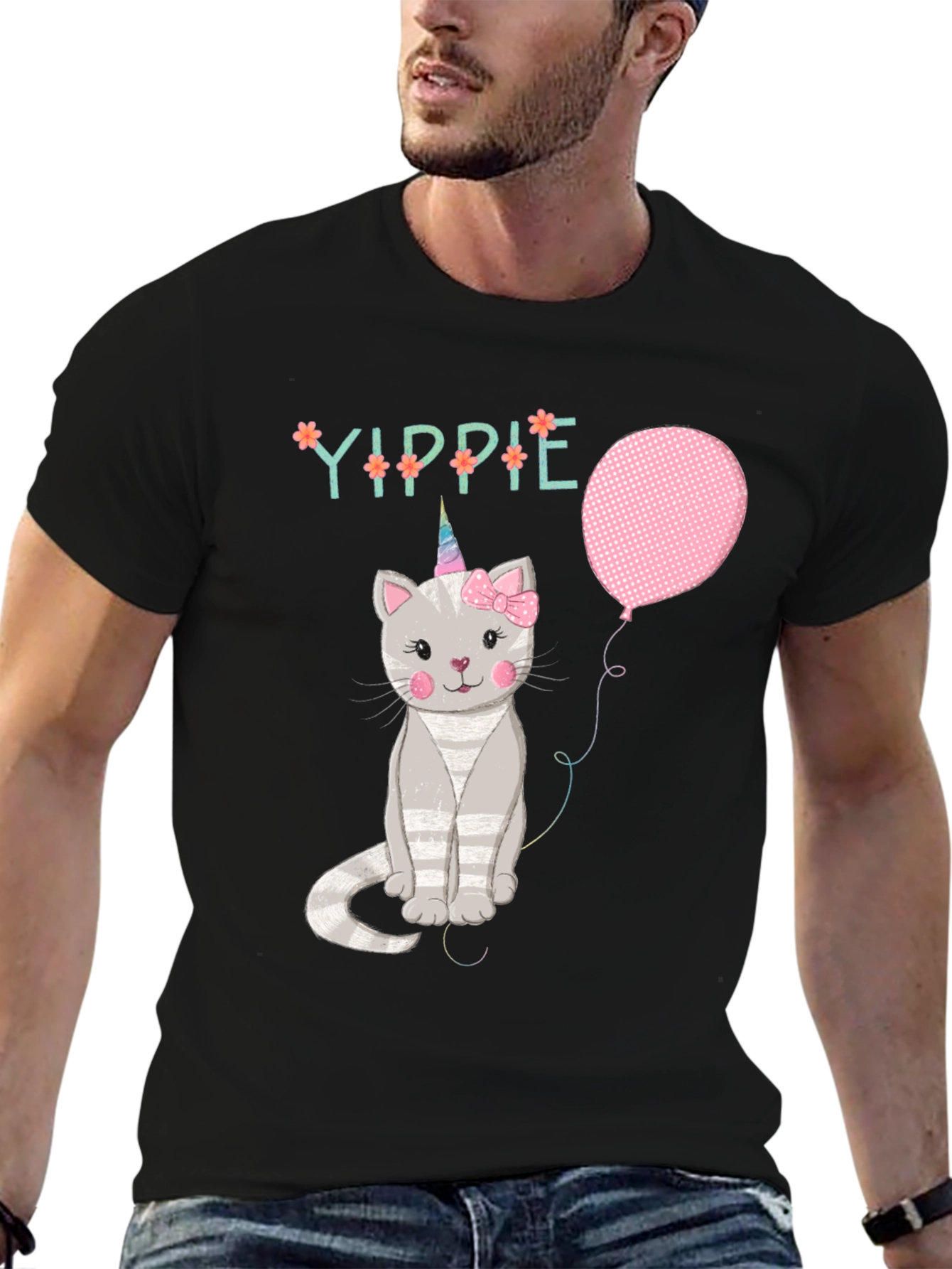 Yippie Cat Unicorn Balloon Graphic T-Shirt