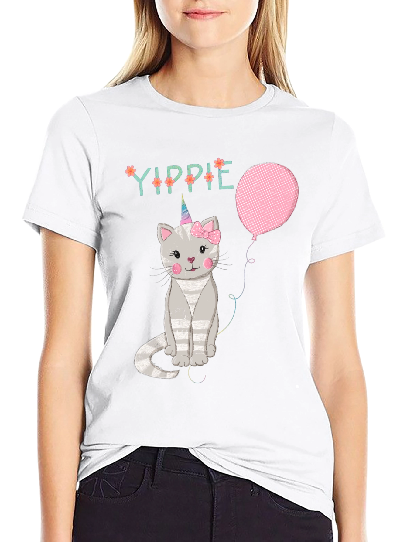 Yippie Cat Unicorn Balloon Graphic T-Shirt