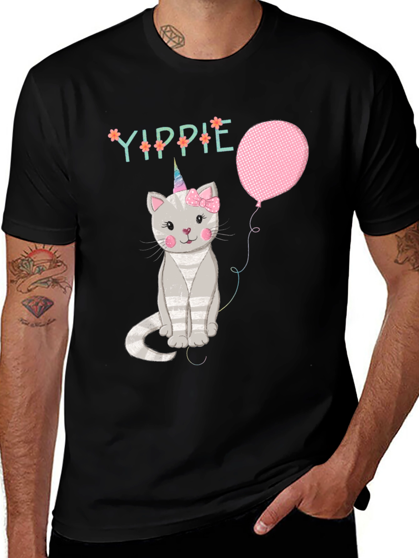 Yippie Cat Unicorn Balloon Graphic T-Shirt