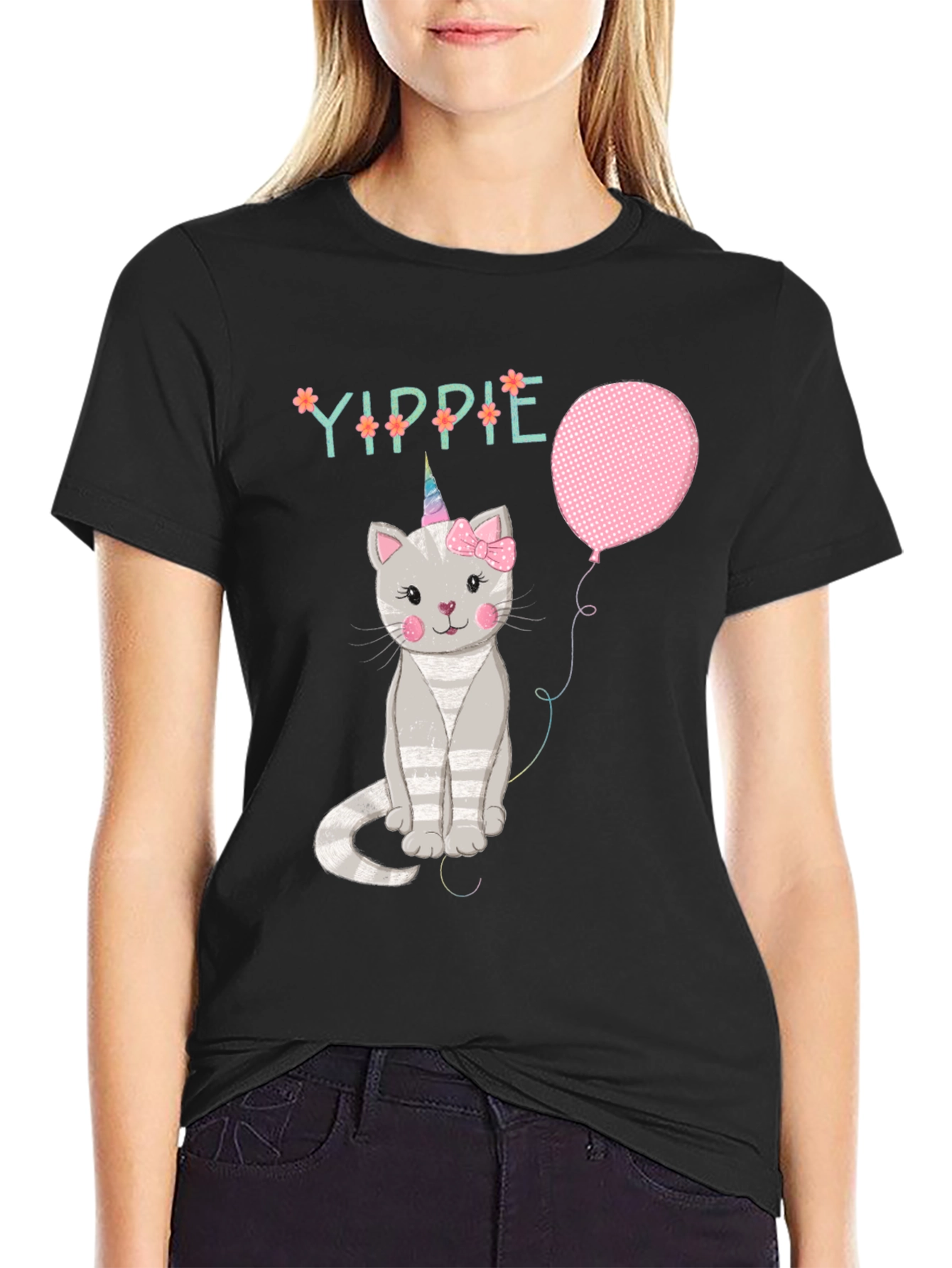 Yippie Cat Unicorn Balloon Graphic T-Shirt