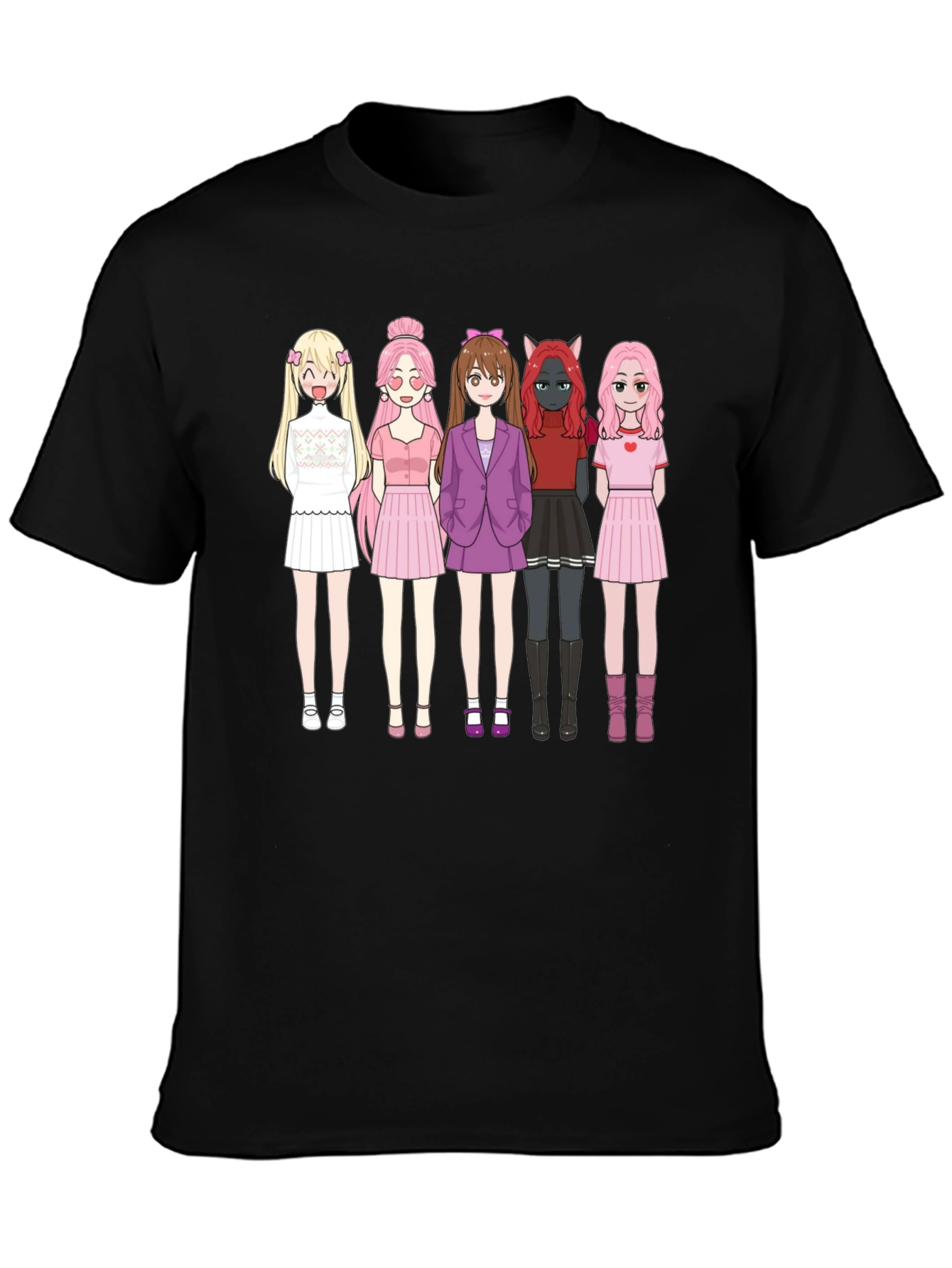 Anime Girl Group Graphic Black Cotton T-Shirt