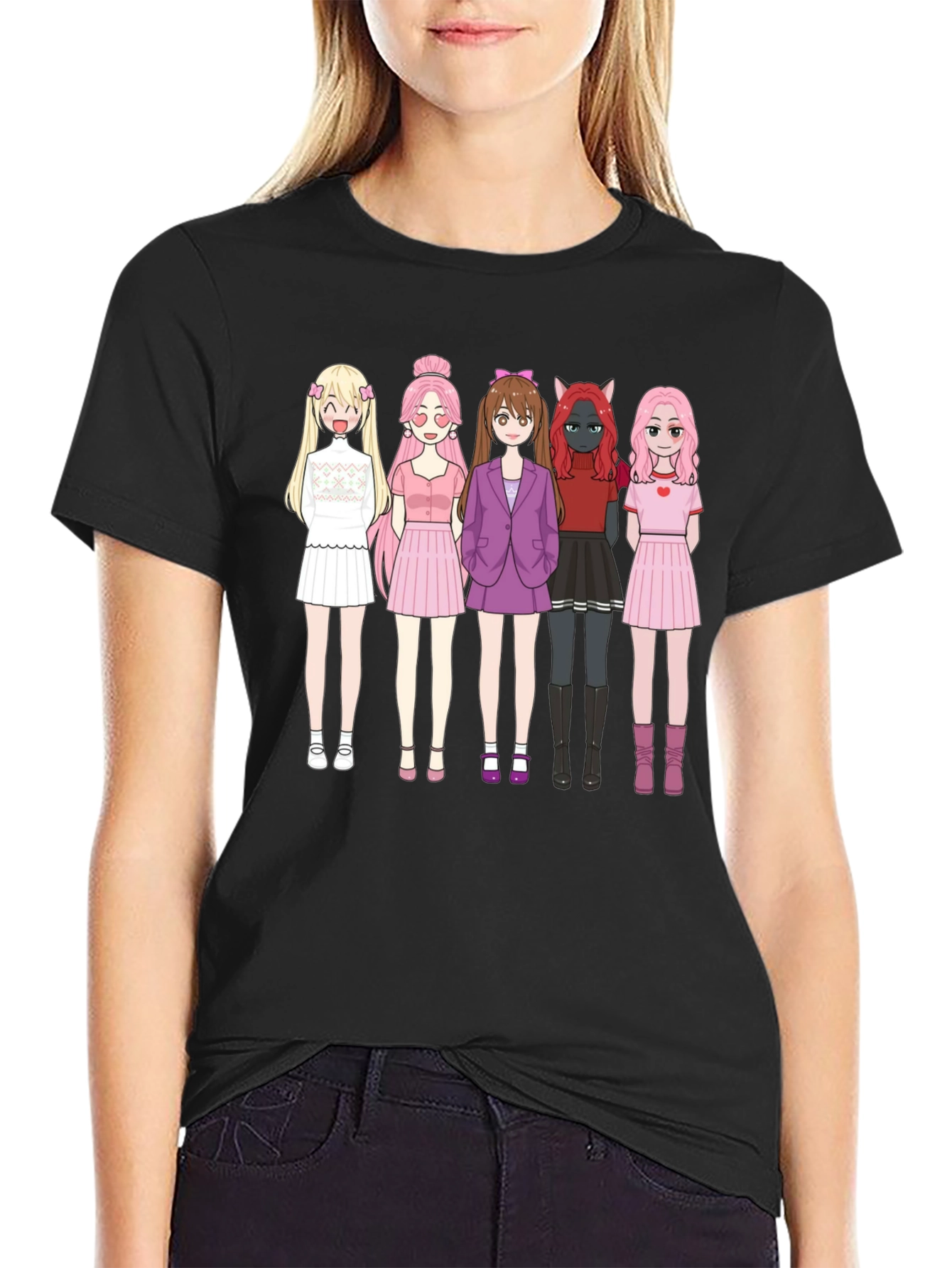 Anime Girl Group Graphic Black Cotton T-Shirt