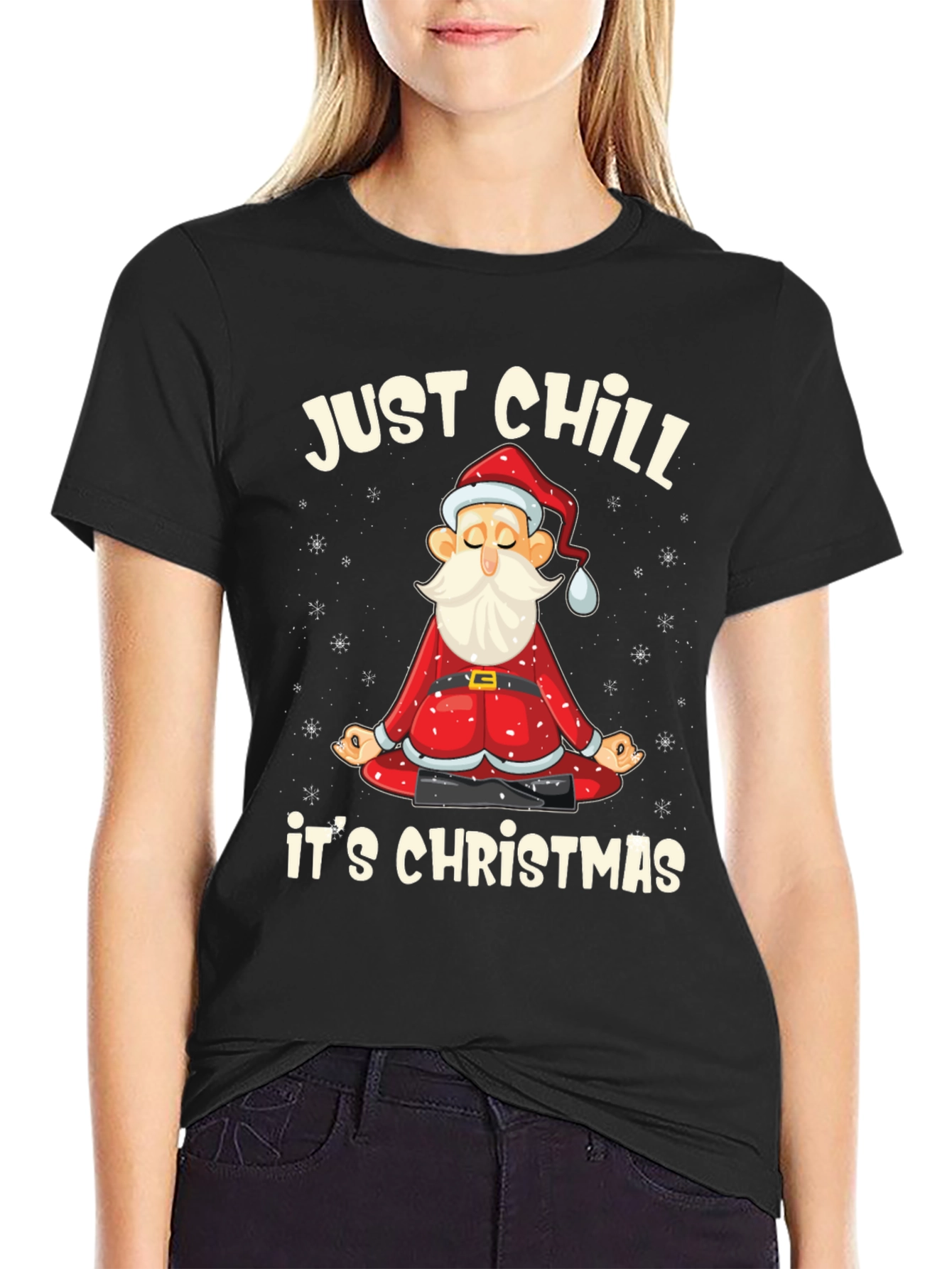 Just Chill Its Christmas T-Shirt Santa Yoga Black Tee