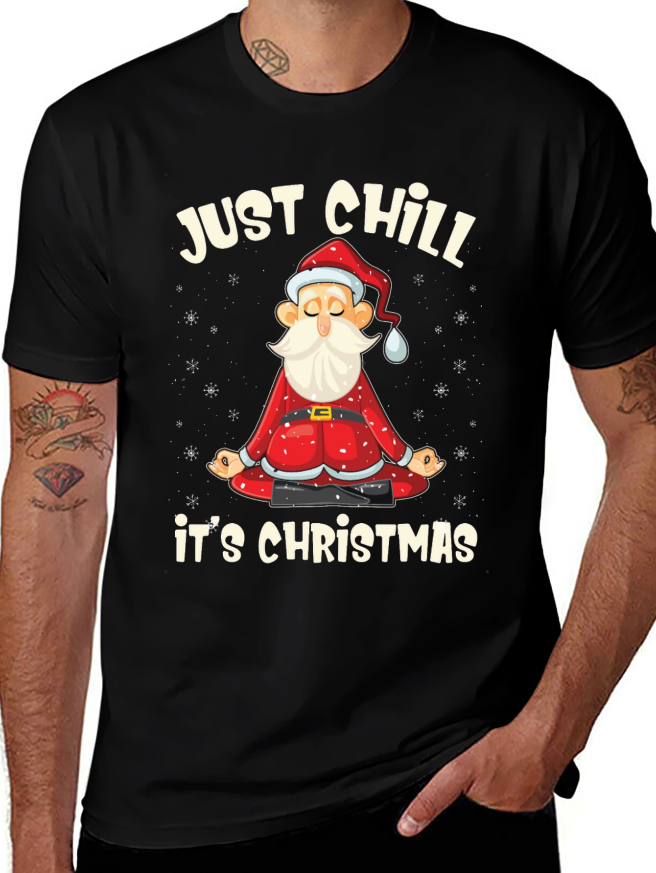Just Chill Its Christmas T-Shirt Santa Yoga Black Tee