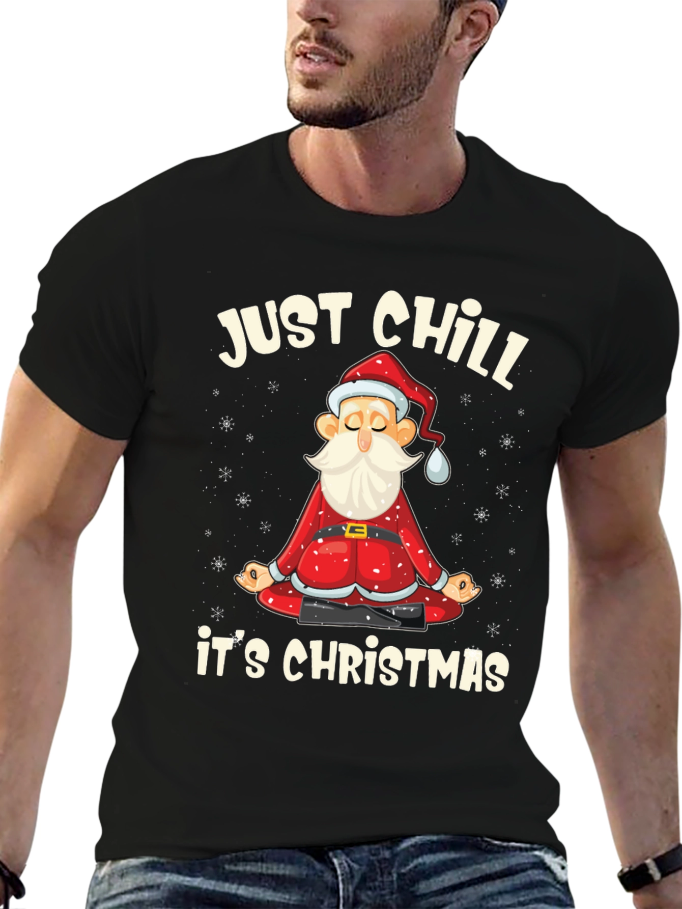 Just Chill Its Christmas T-Shirt Santa Yoga Black Tee