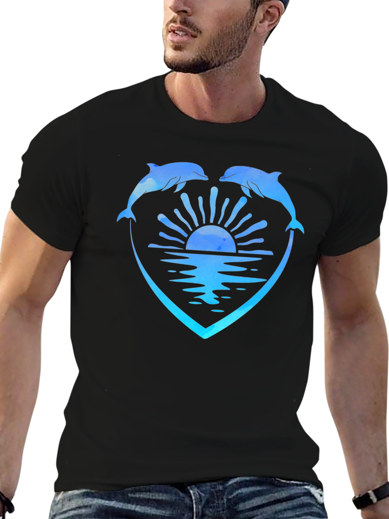 Dolphin Heart Sunset Graphic Tee - Black