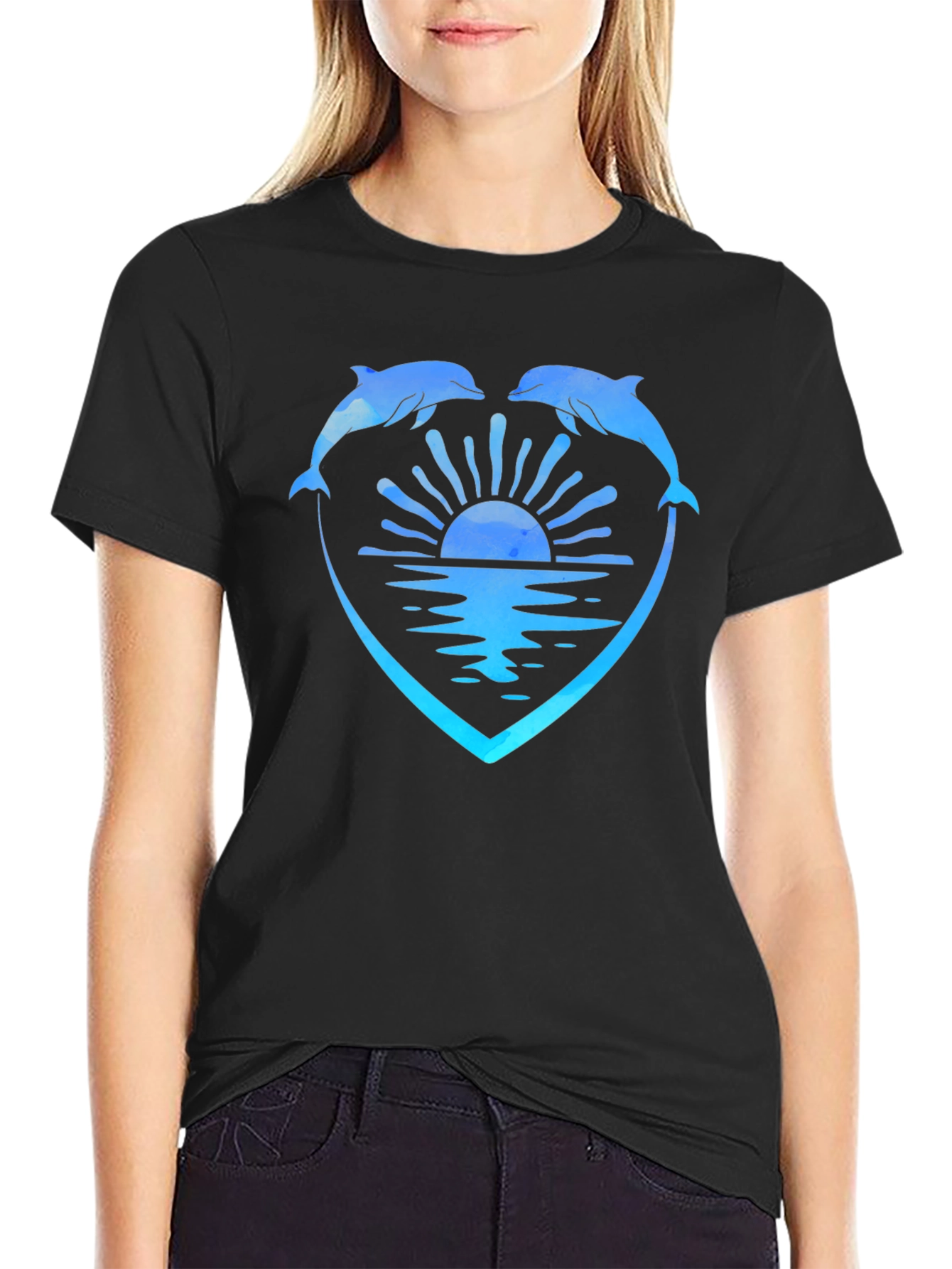 Dolphin Heart Sunset Graphic Tee - Black