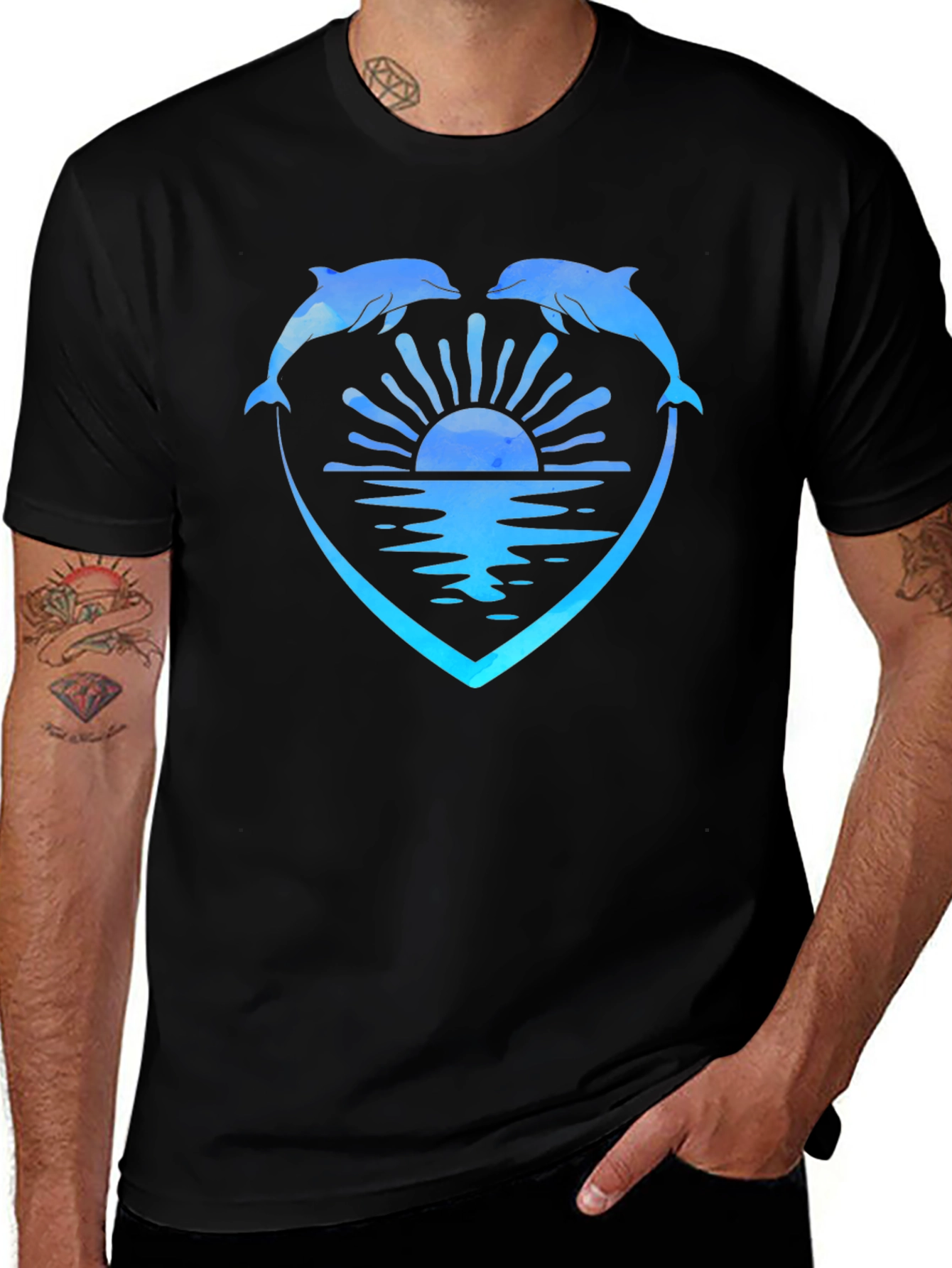 Dolphin Heart Sunset Graphic Tee - Black
