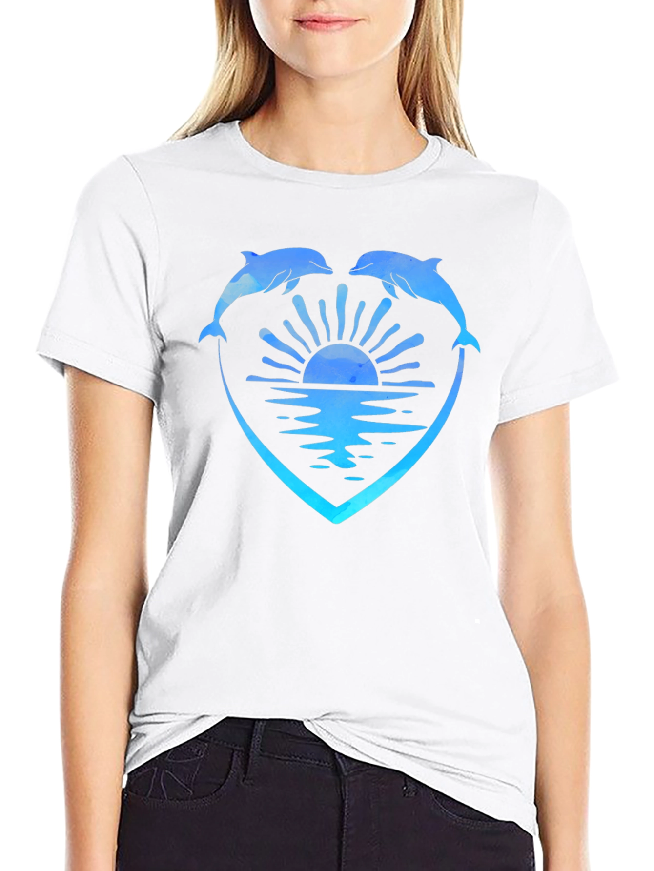 Dolphin Heart Sunset Graphic Tee - Black