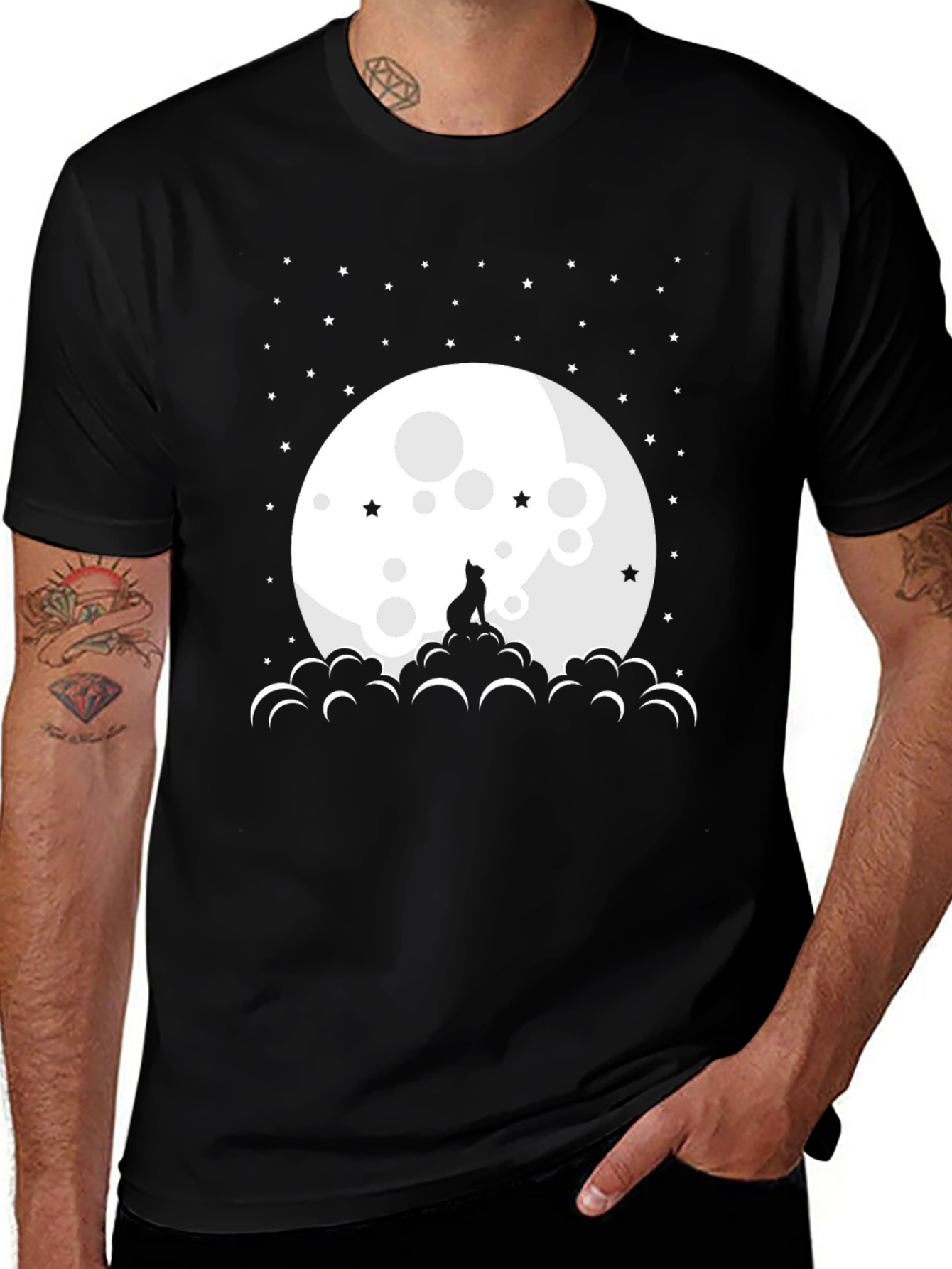 Cat Moon Stars Black T-Shirt