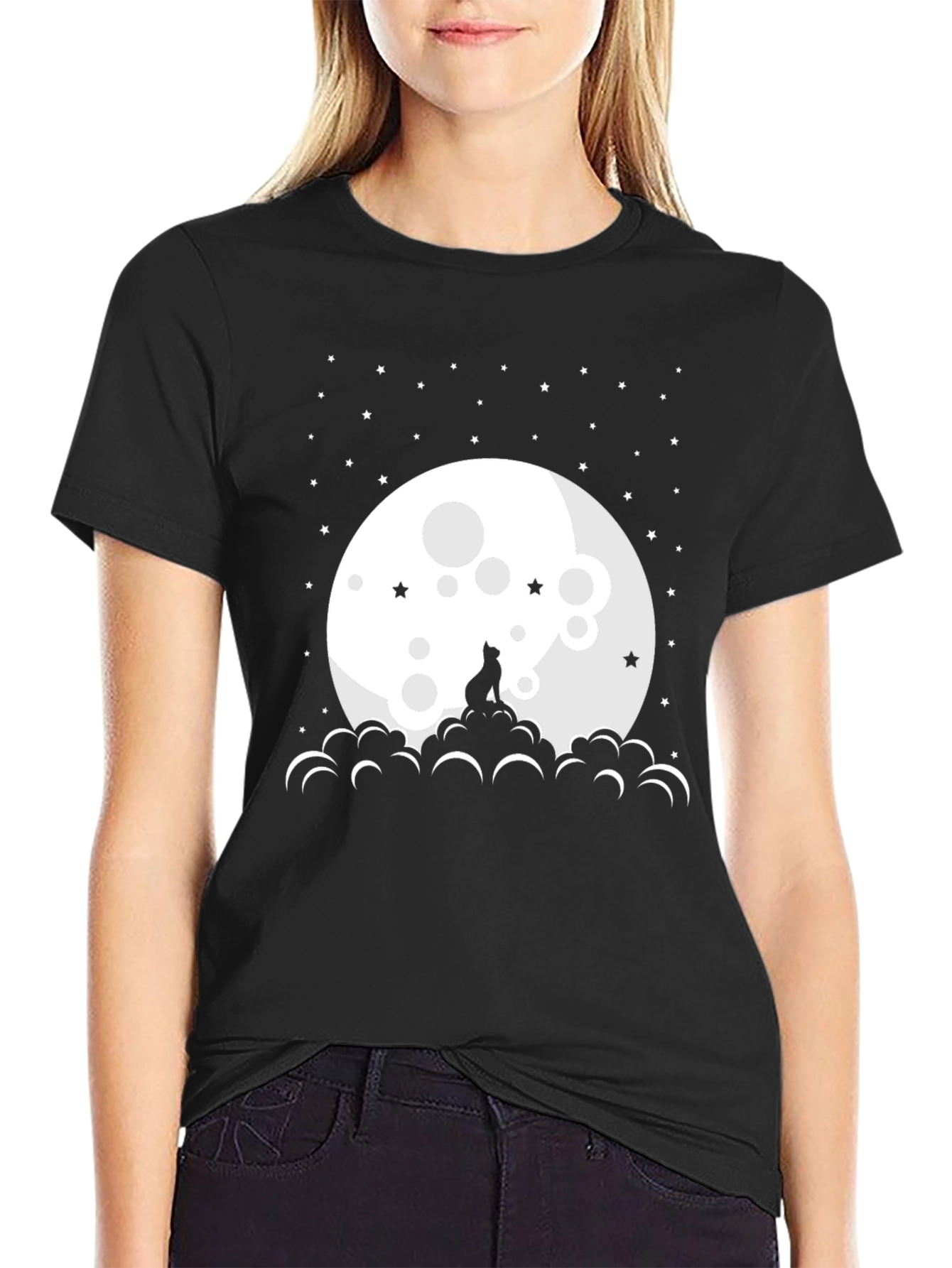 Cat Moon Stars Black T-Shirt